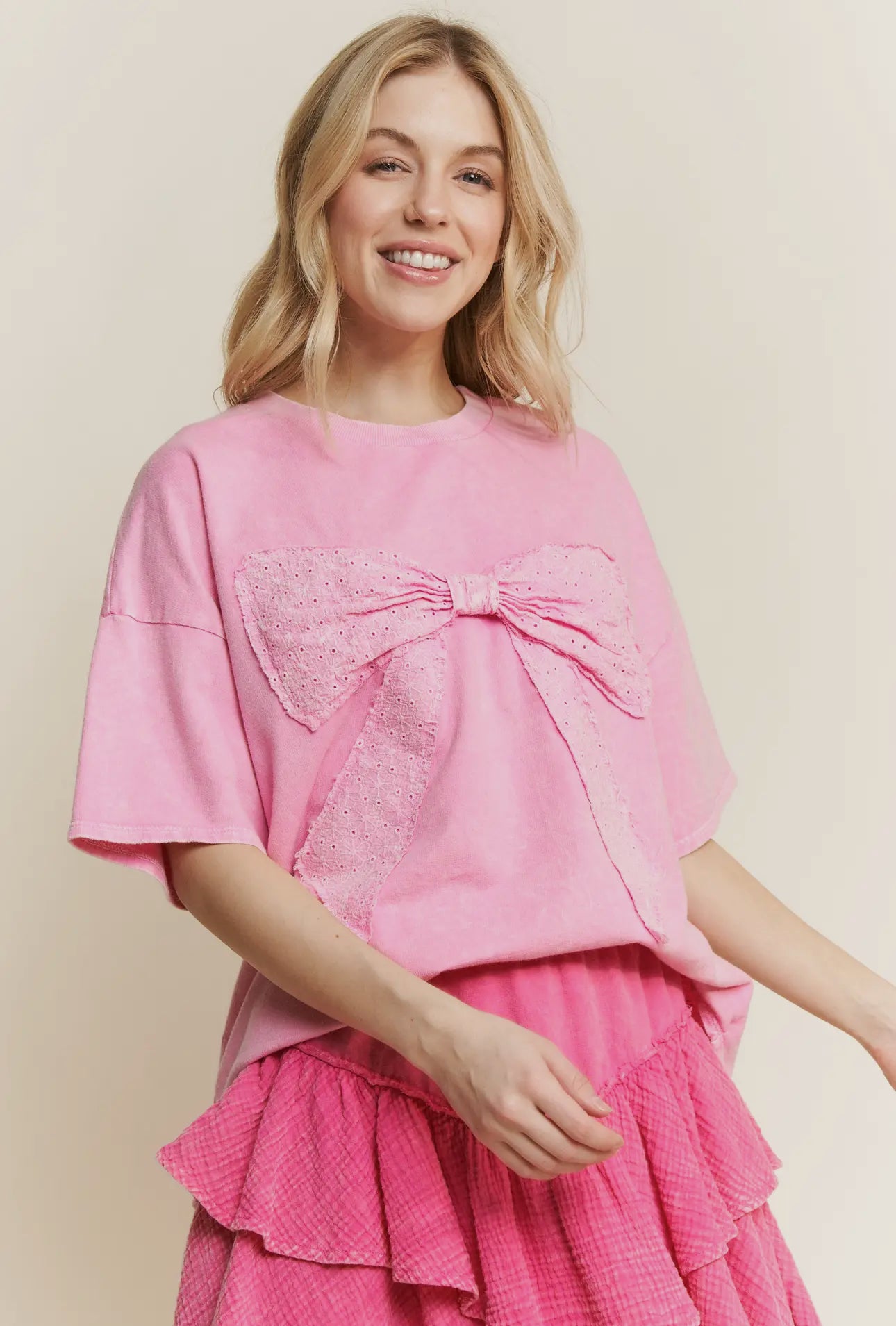 Mineral Wash Ribbon Bow Half Sleeve Shirt