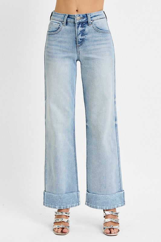 Risen Tummy Control High Rise Ankle Wide Cuffed Jeans: Light