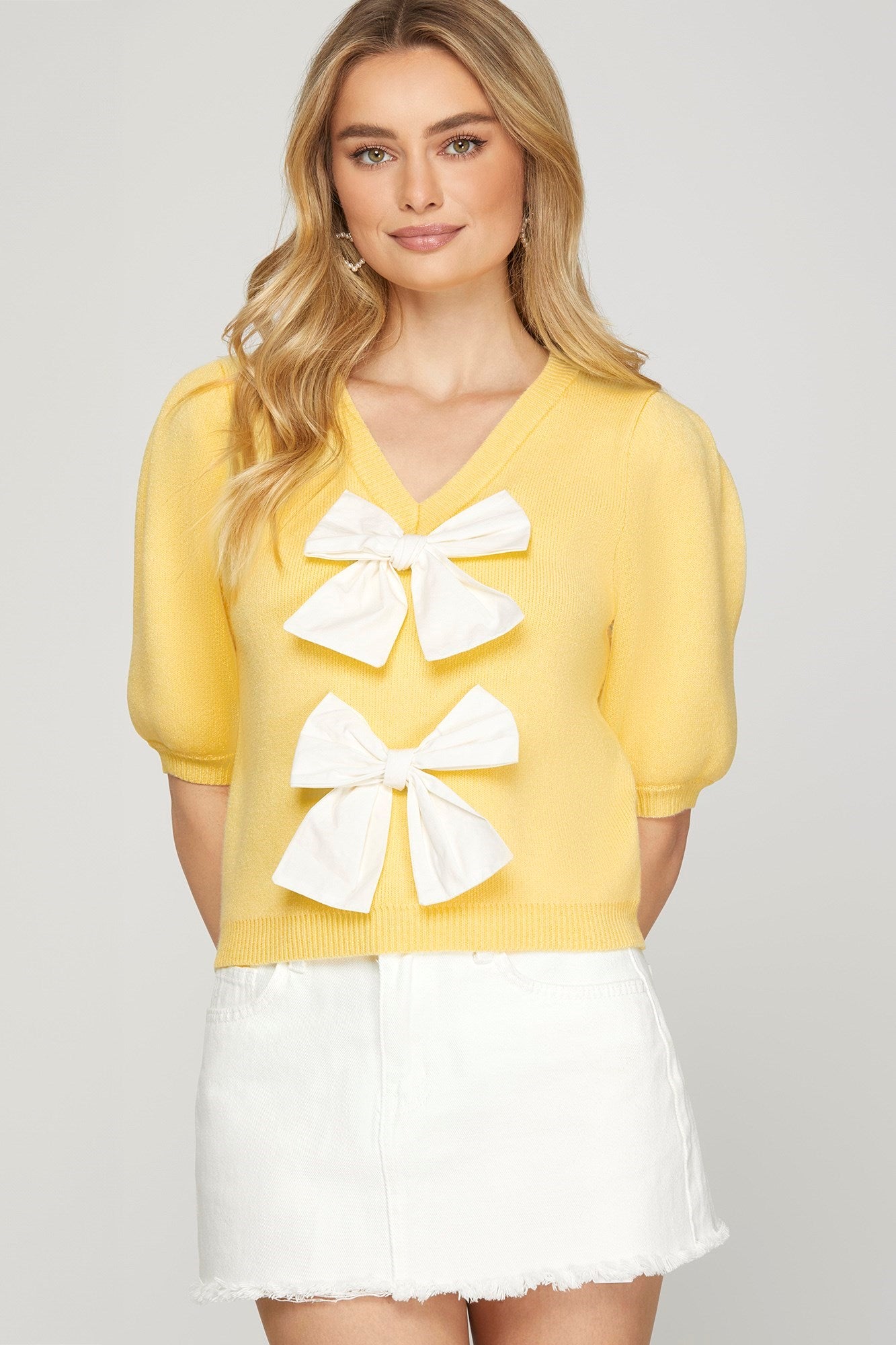 Short Puff Sleeve Bow Front Sweater Top
