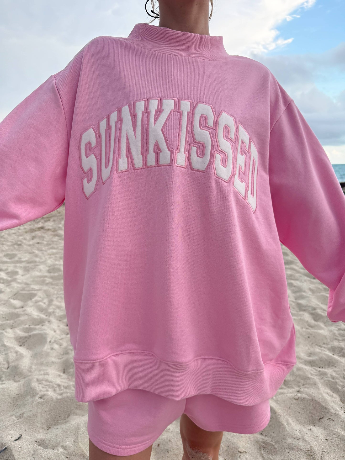 Lottie Pink Varsity Sunkissed Embroidered Mockneck: Lottie Pink