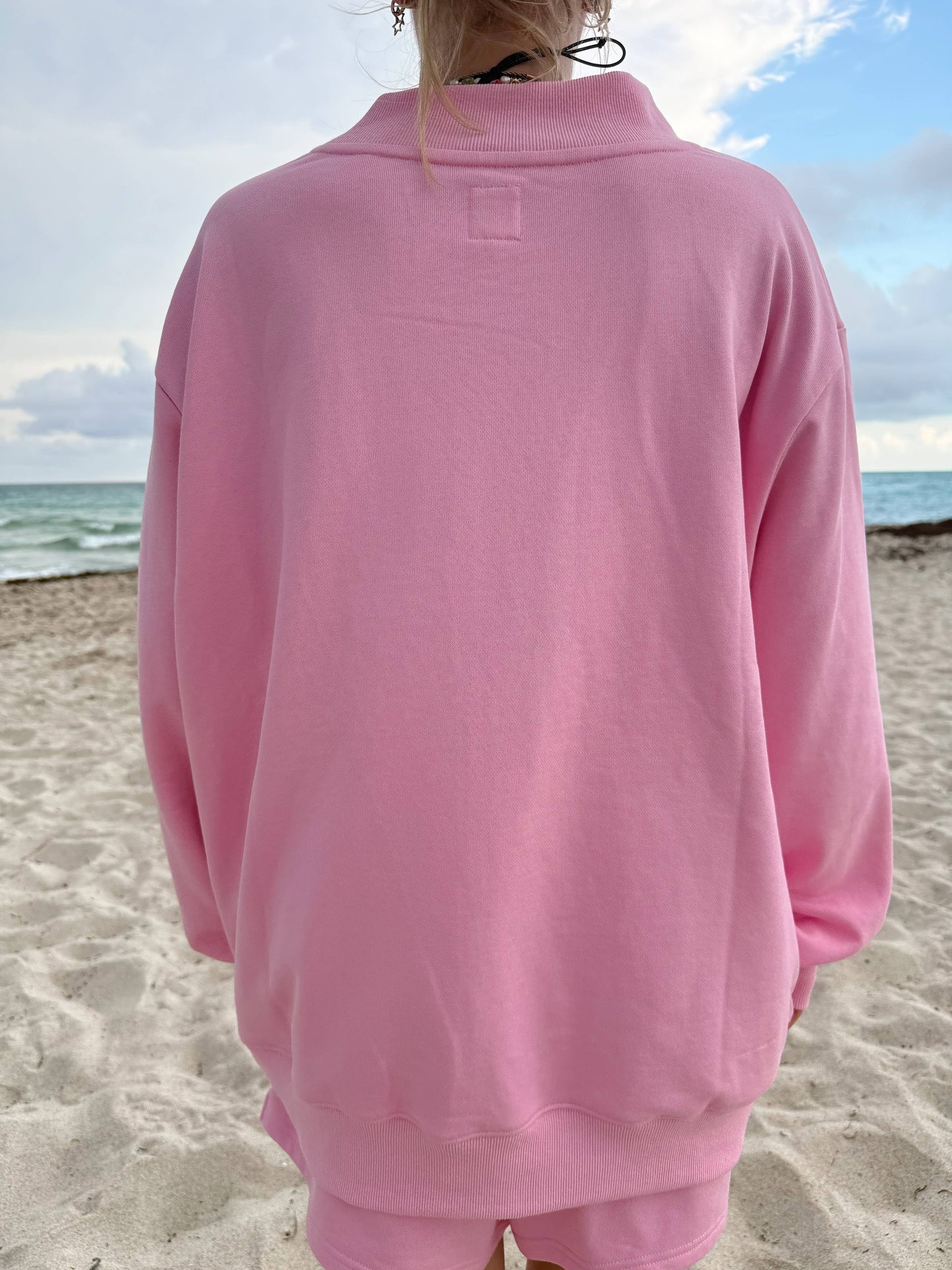 Lottie Pink Varsity Sunkissed Embroidered Mockneck: Lottie Pink