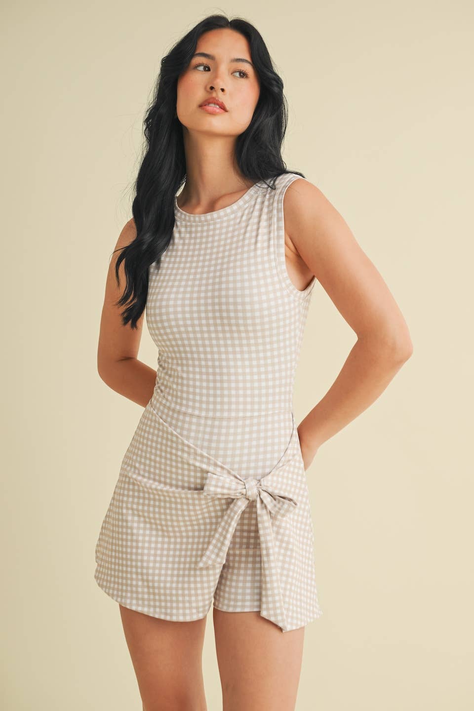 *Restock* Beige Gingham Print Athletic Wrap Tie Dress