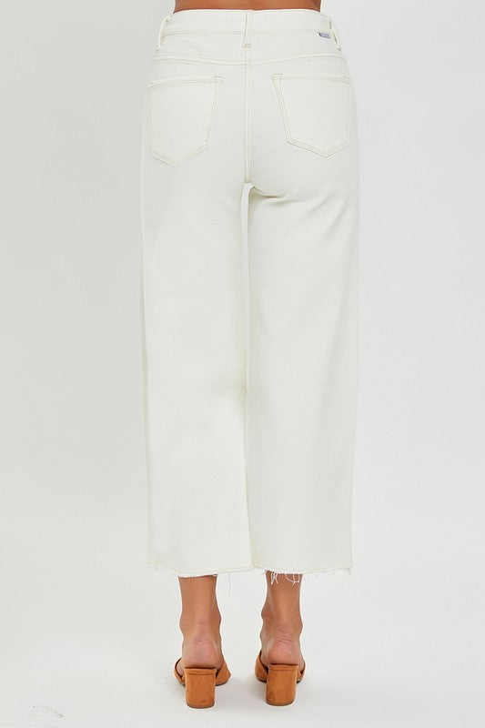 Risen White High Rise Crop Wide Pants W/ Stitching Detail