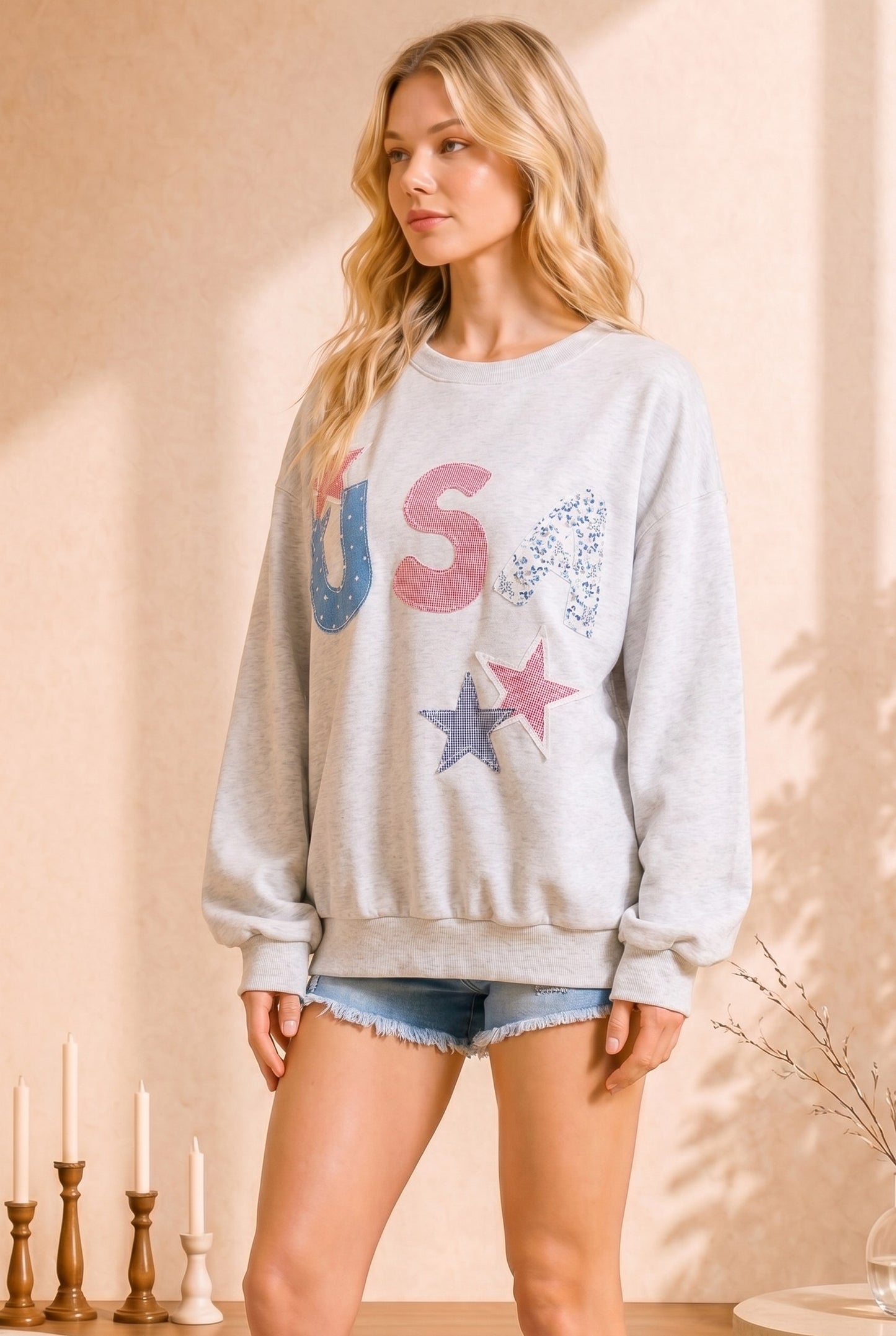 USA Patchwork Pattern Crewneck: Grey