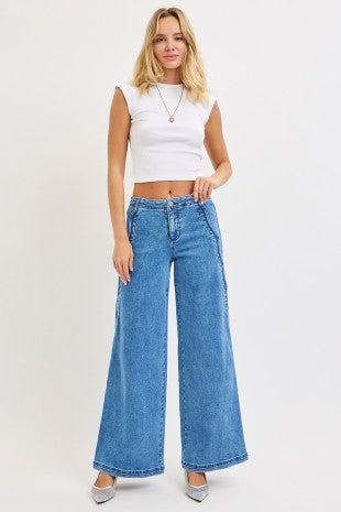 High Rise Wide Leg With Scalloped Edge Detail: Medium Wash