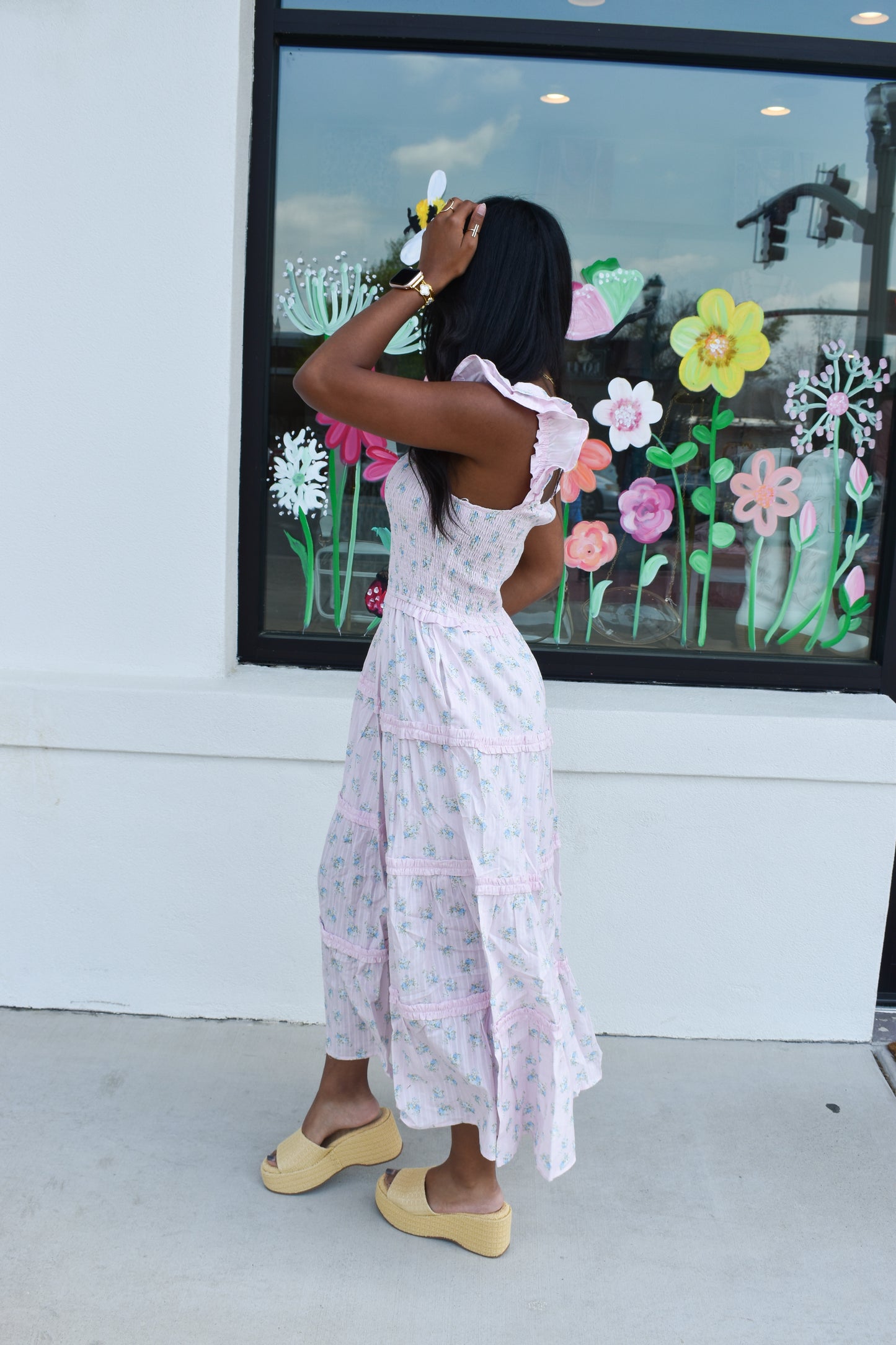 Ditsy Flower Smocked Dress: Pink/Blue