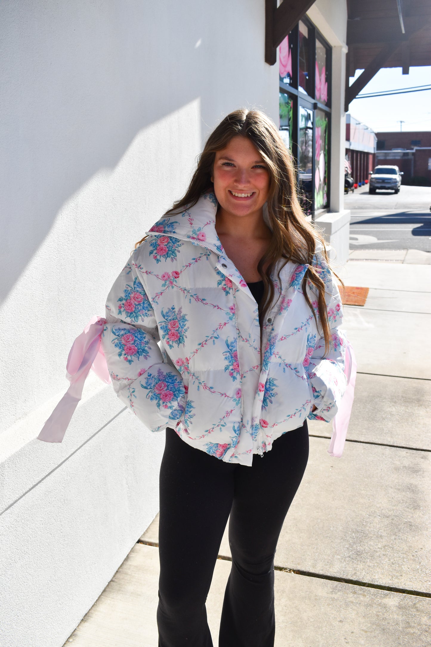 Floral Print Bow Knot Puffer Jacket