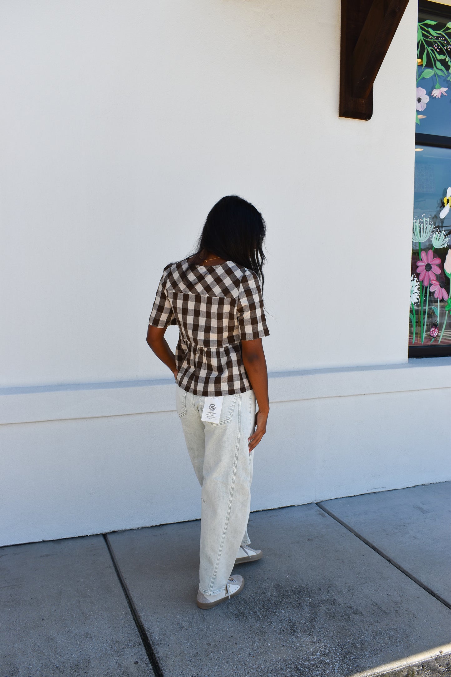 Keyhole Tie-Neck Gingham Peplum Blouse