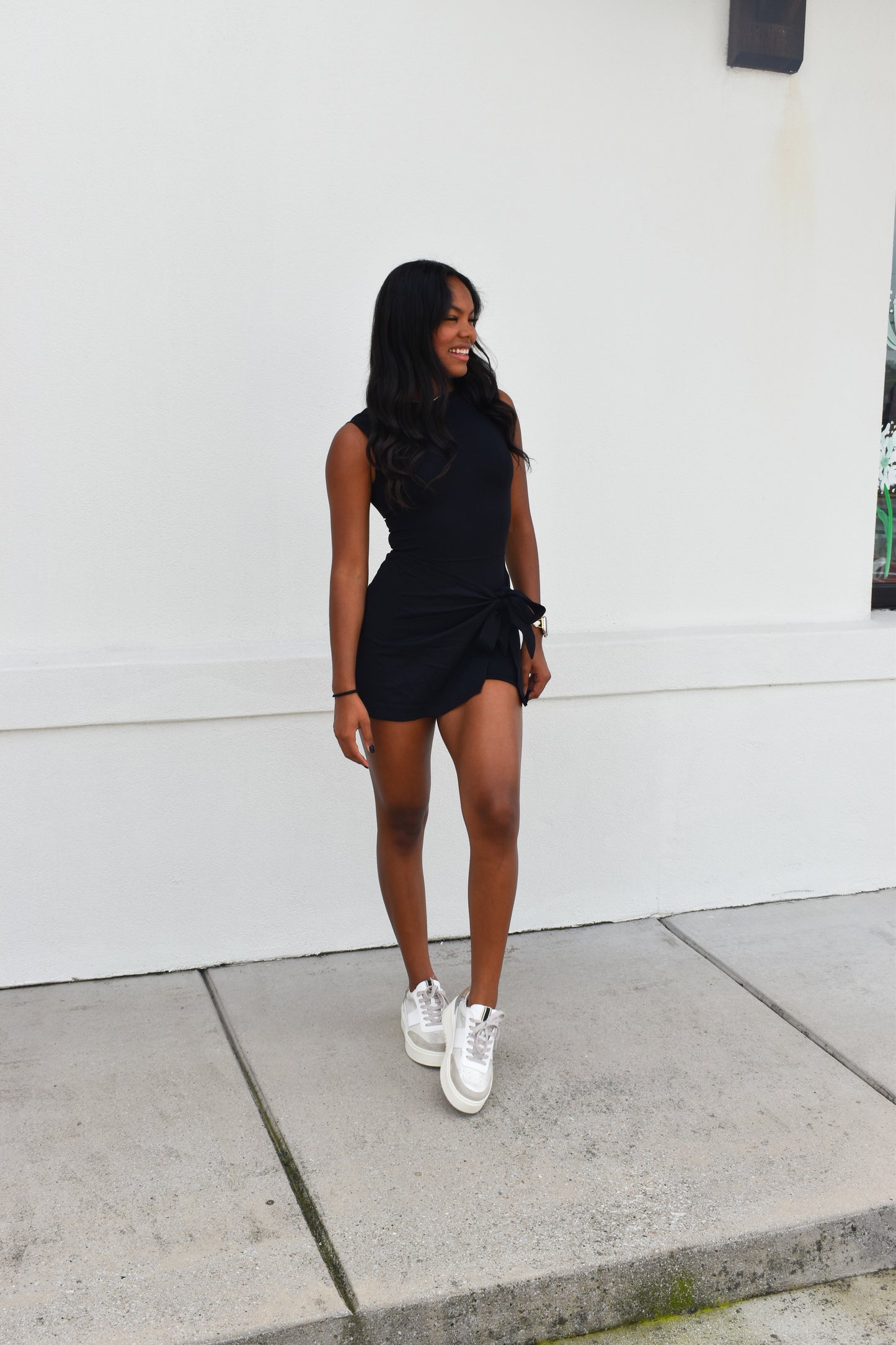 Athletic Wrap Tie Dress: Black