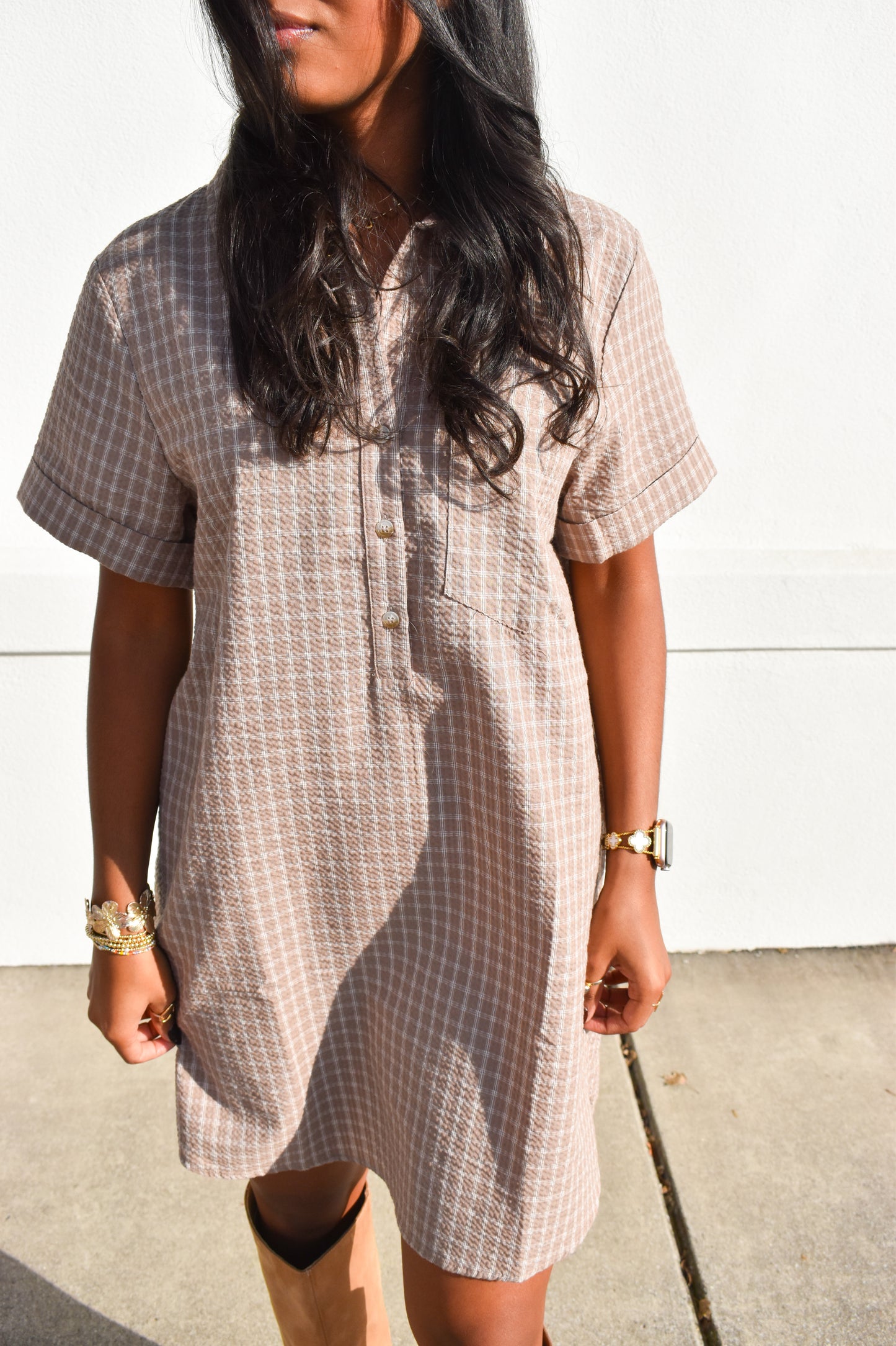 grey check shirt dress Glamorous button down Mini Shirt Dress with pleats in gray plaid