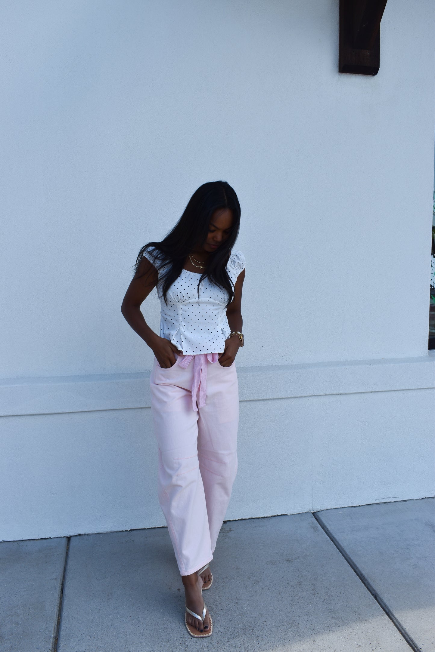 Pink Eyelet Thru Cotton Belt Barrel Jean