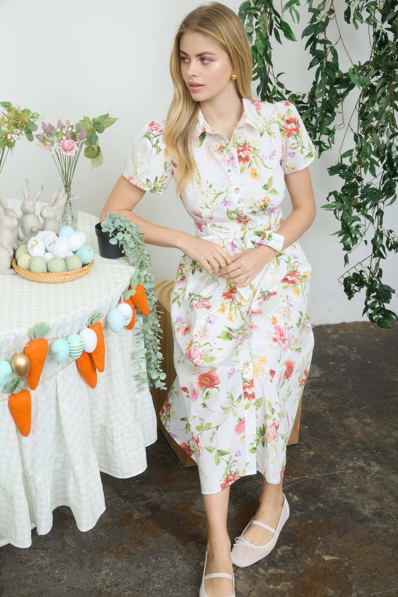 Floral Short Sleeve Belted Midi Dress