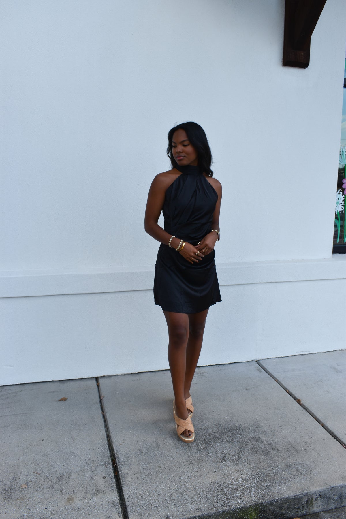 Solid Open Back Halter Mini Dress