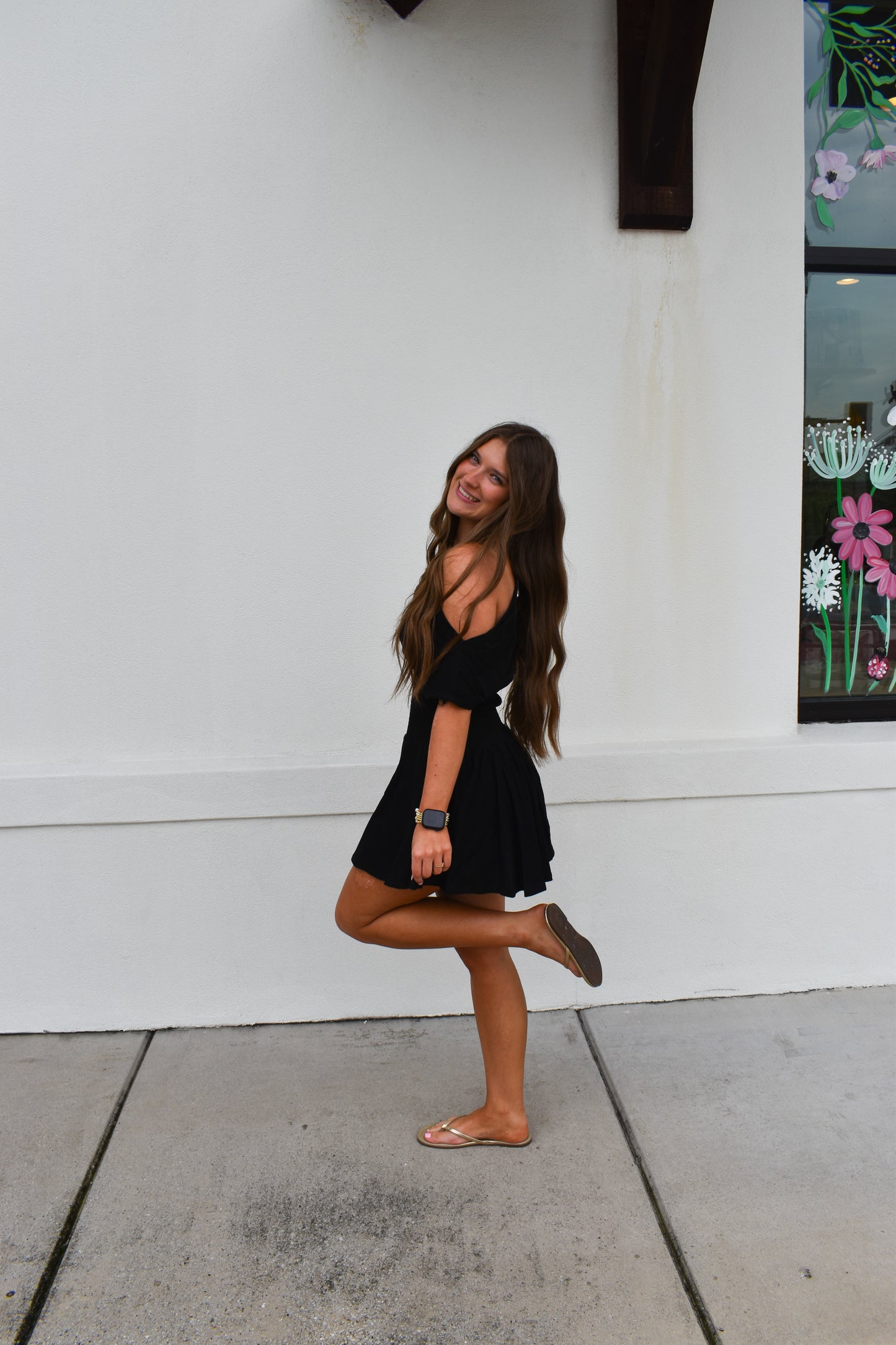 Off Shoulder Smocked Waist Dress: Black