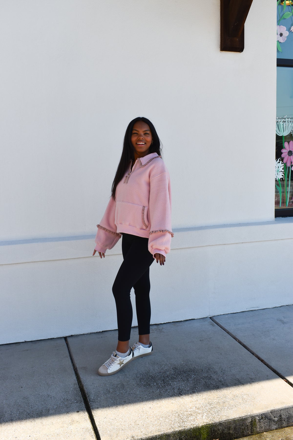 Gingham Fleece Collared Pullover: Pink