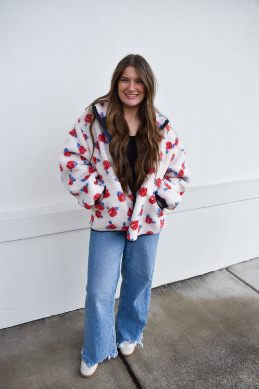 Cozy Oversized Rose Pattern Fleece Zip Up Jacket