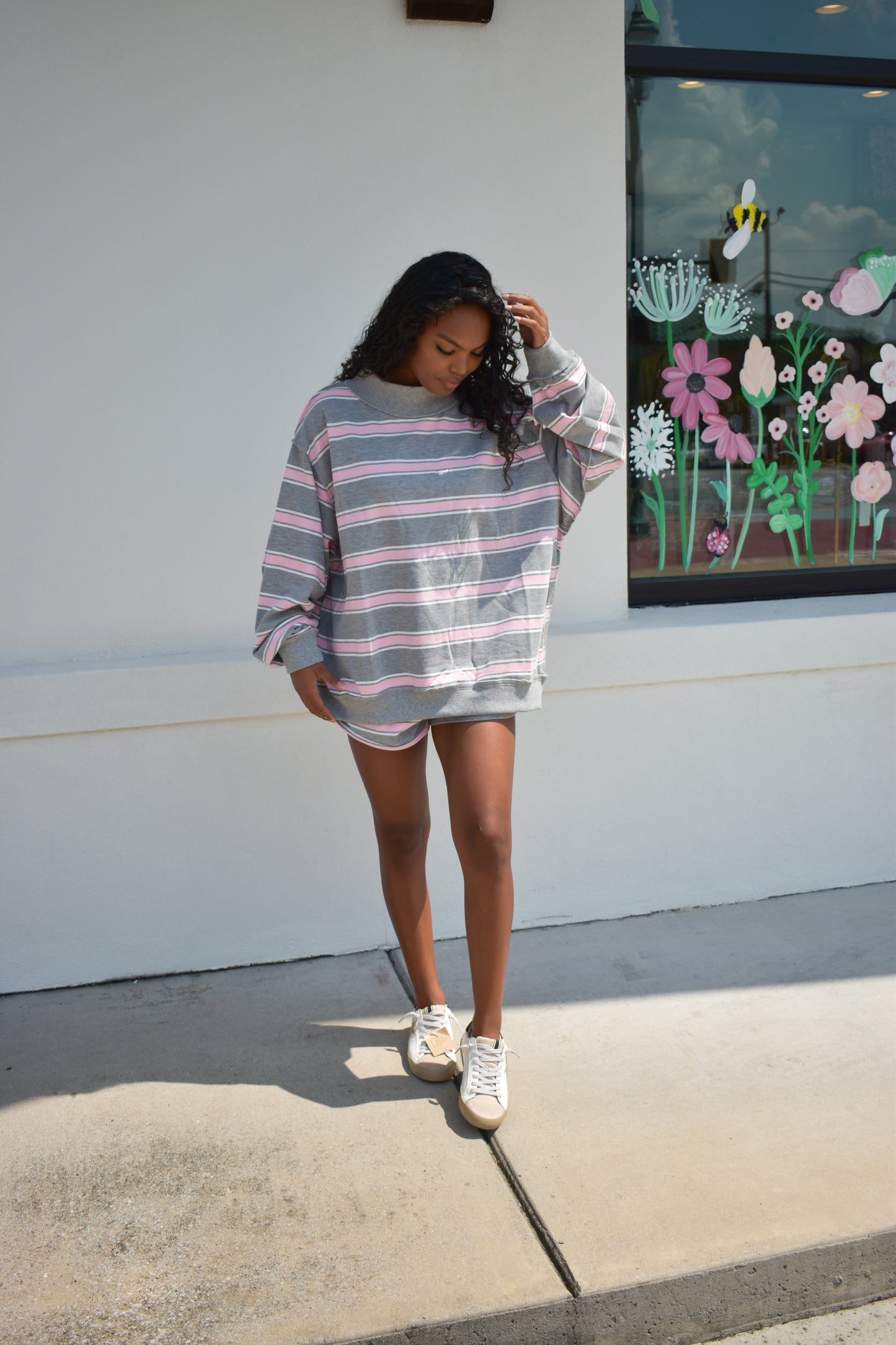 Stripe Print Mock Neck Oversized Sweatshirt