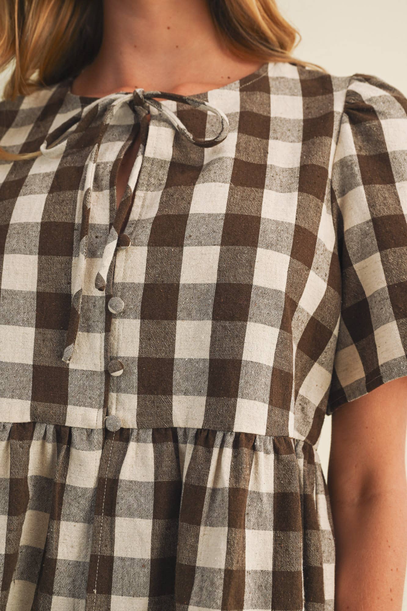 Keyhole Tie-Neck Gingham Peplum Blouse
