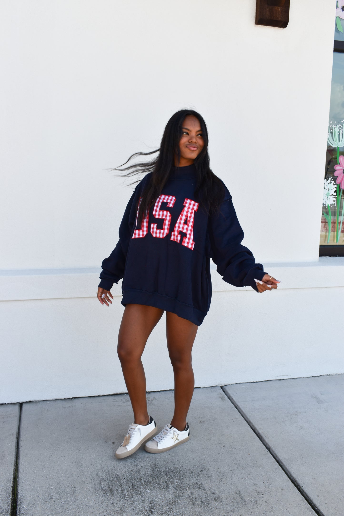 Gingham Embroidery "USA" Mock Neck Sweatshirt