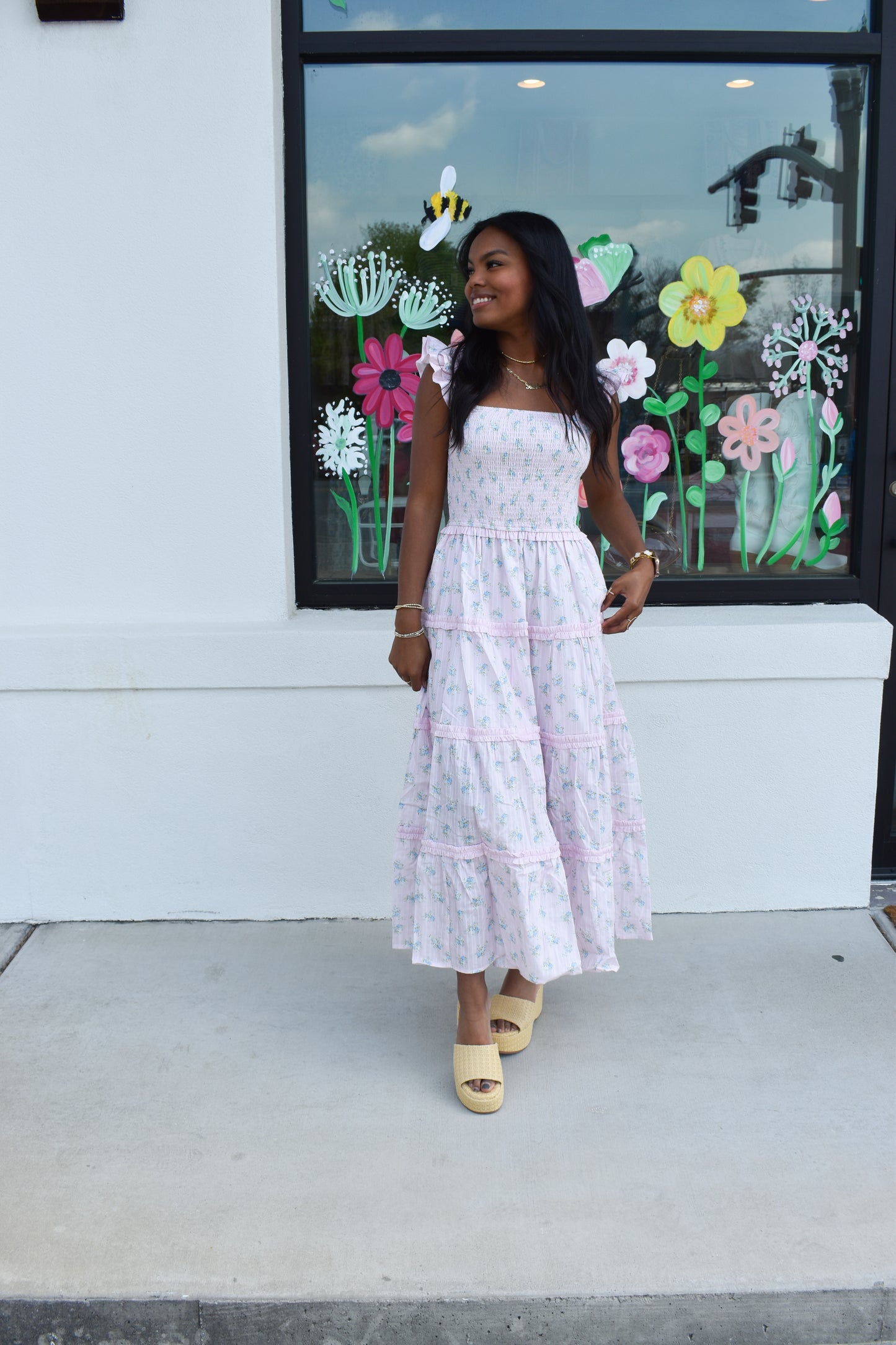 Ditsy Flower Smocked Dress: Pink/Blue