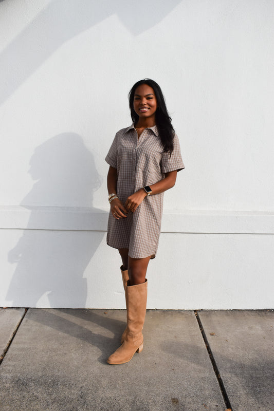Checkered Shirt Dress W/ Pocket