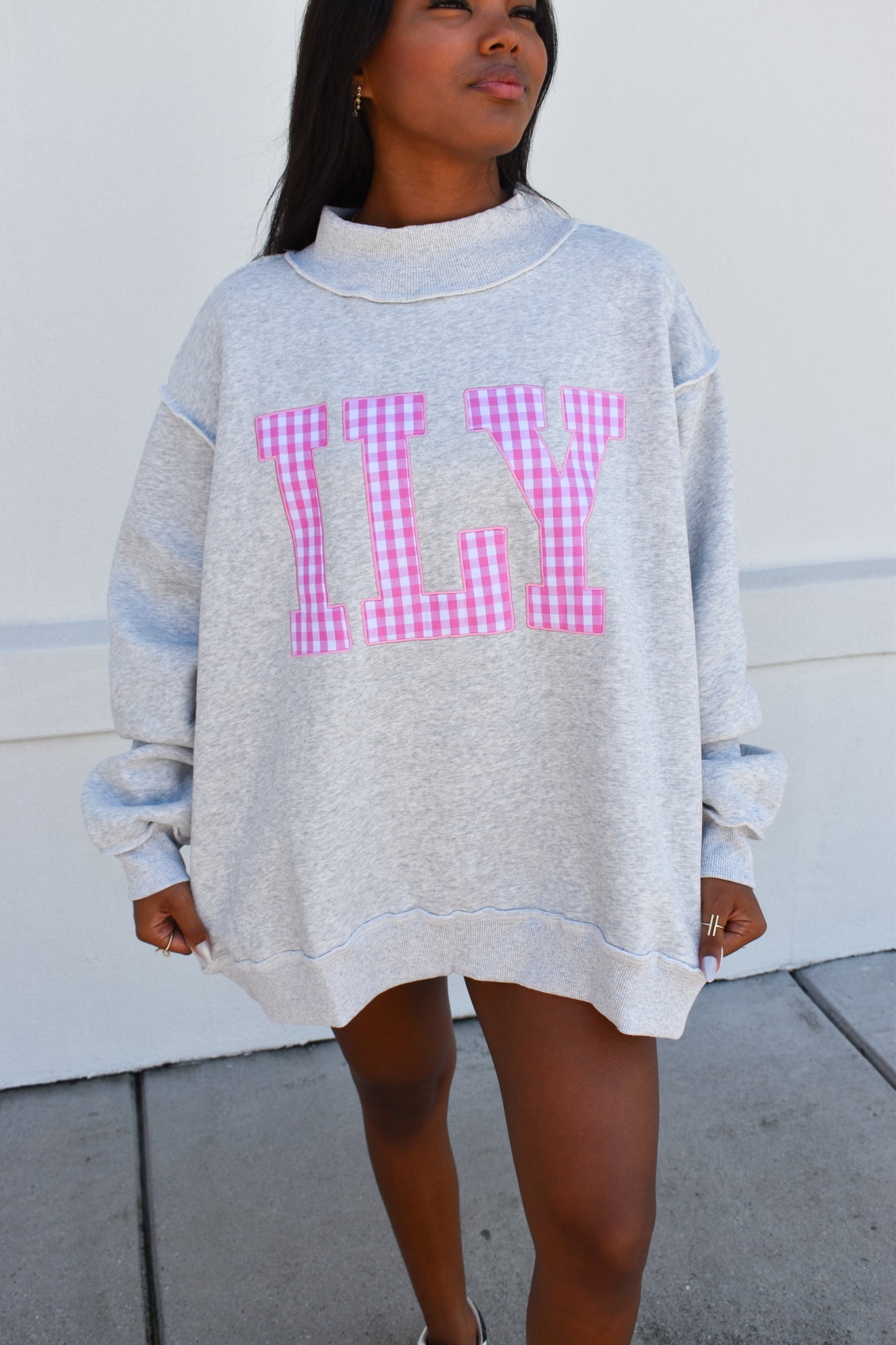 "ILY" Gingham Embroidered Mockneck