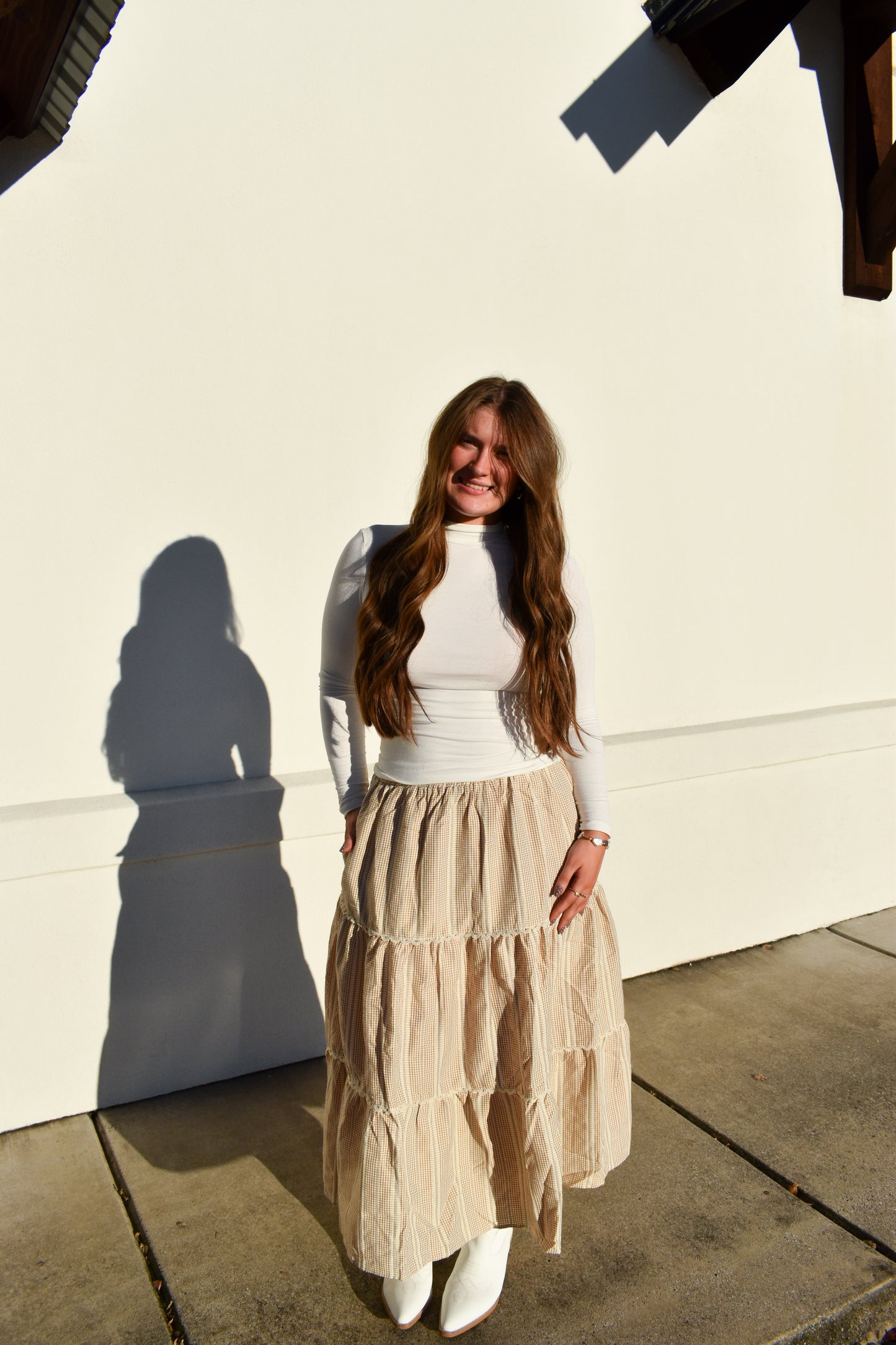 Lace Trim Gingham Maxi Skirt
