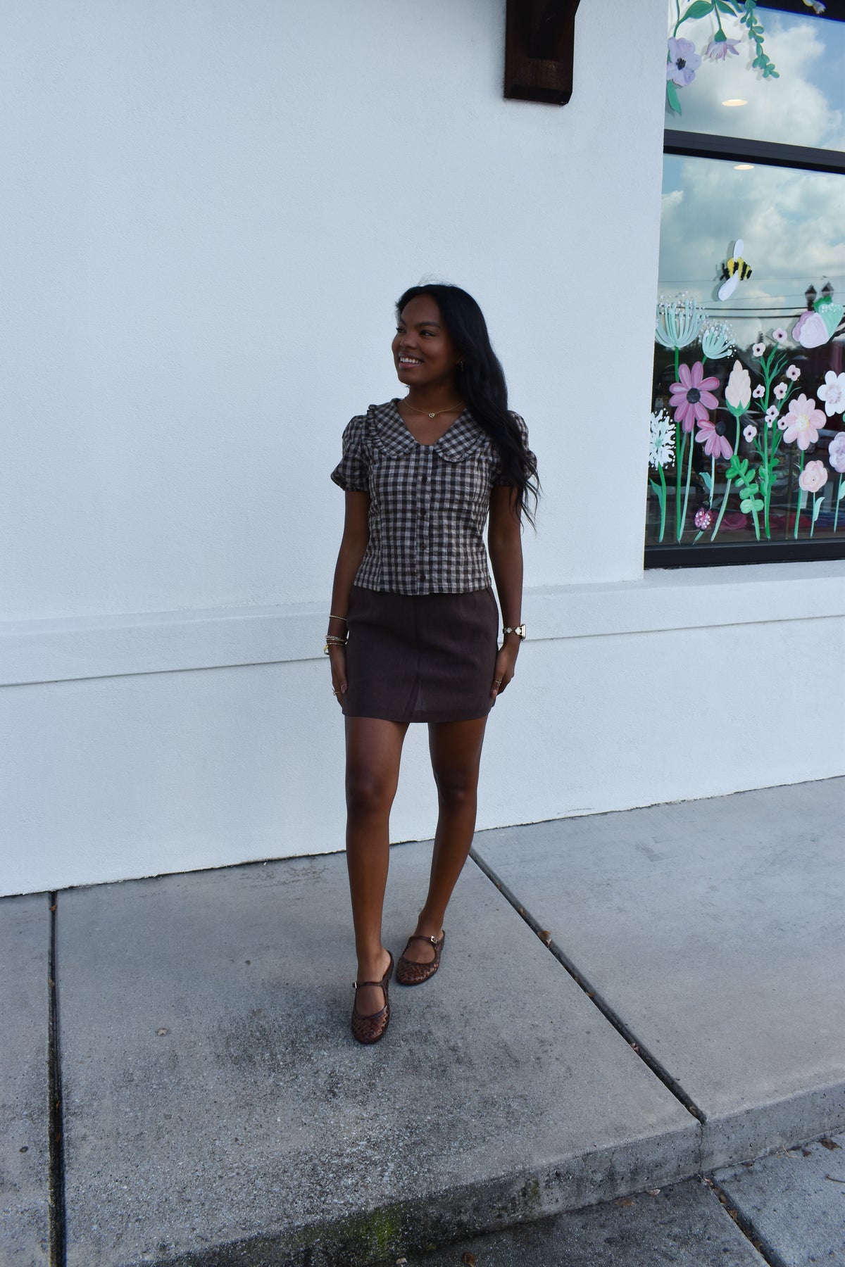 Gingham Plaid Button Top W/ Ruffle Collar