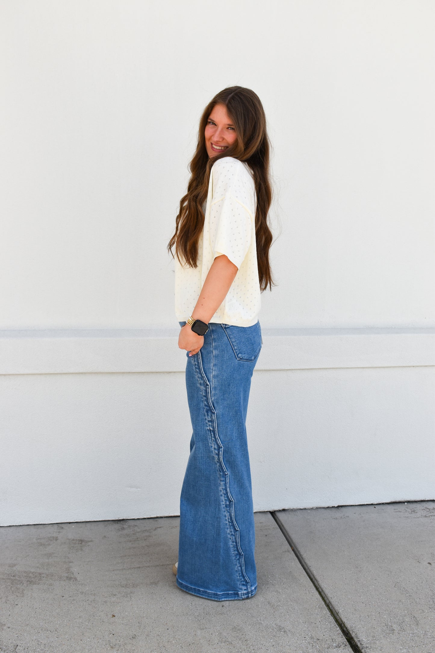 High Rise Wide Leg With Scalloped Edge Detail: Medium Wash