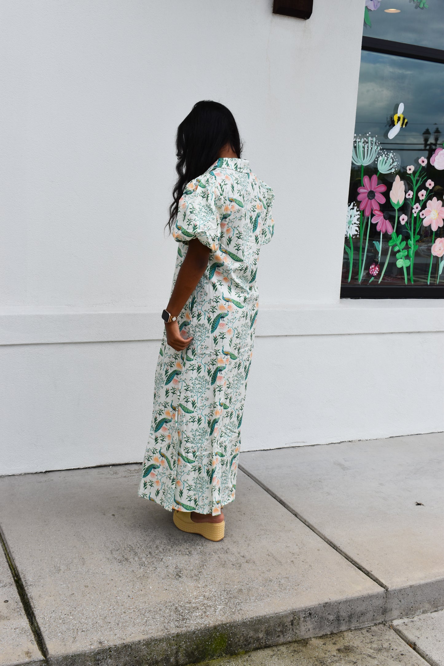 Peacock Print Puff Sleeve Midi Dress