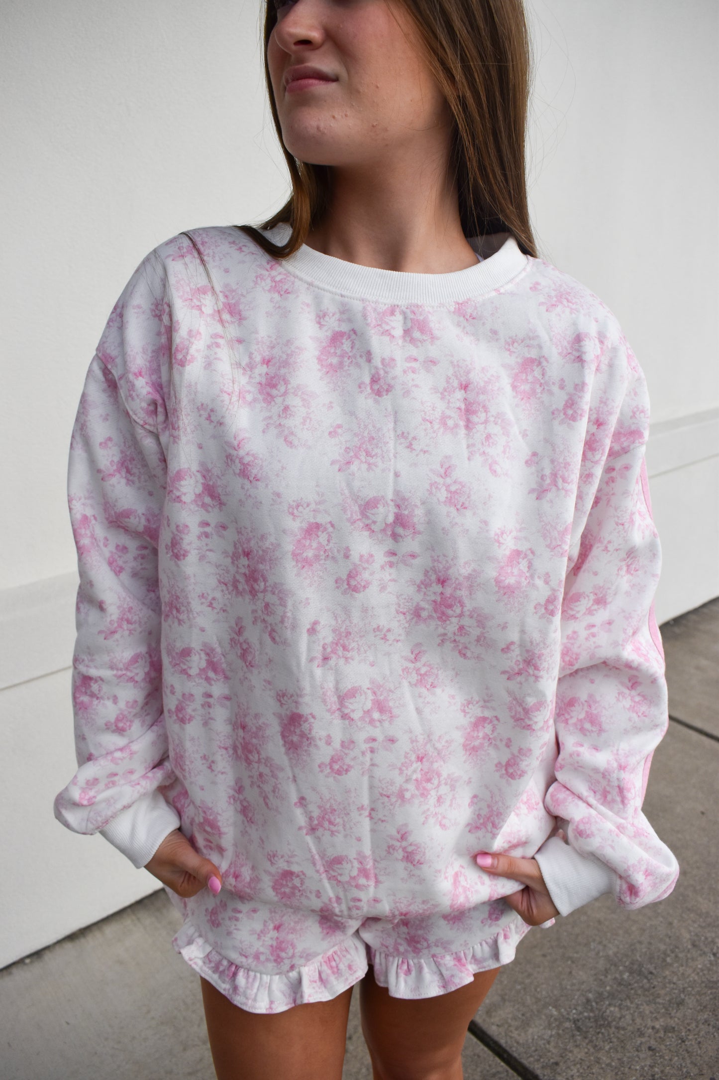 Floral French Terry Sweatshirt W/ Double Line Detail
