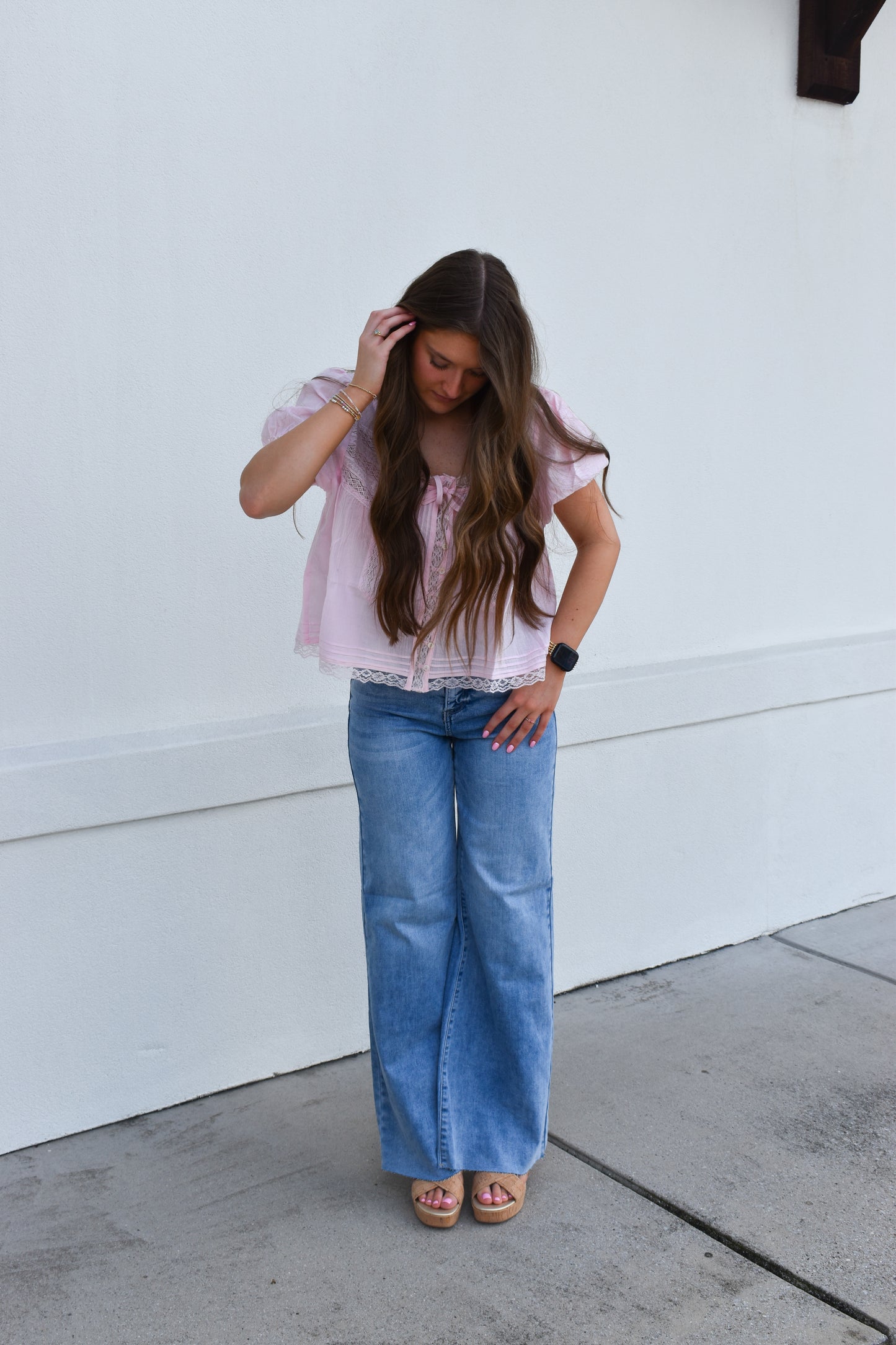 Risen Tummy Control High Rise Ankle Pallazo Jeans: Light Wash