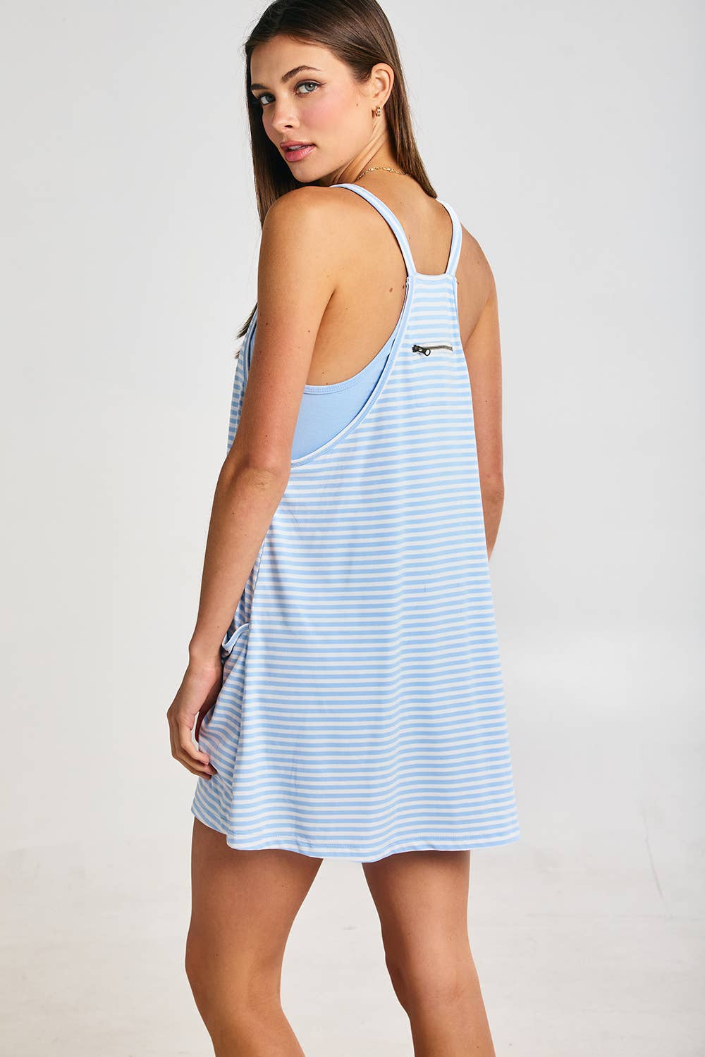 Striped Romper Dress W/ Built In Romper: Blue