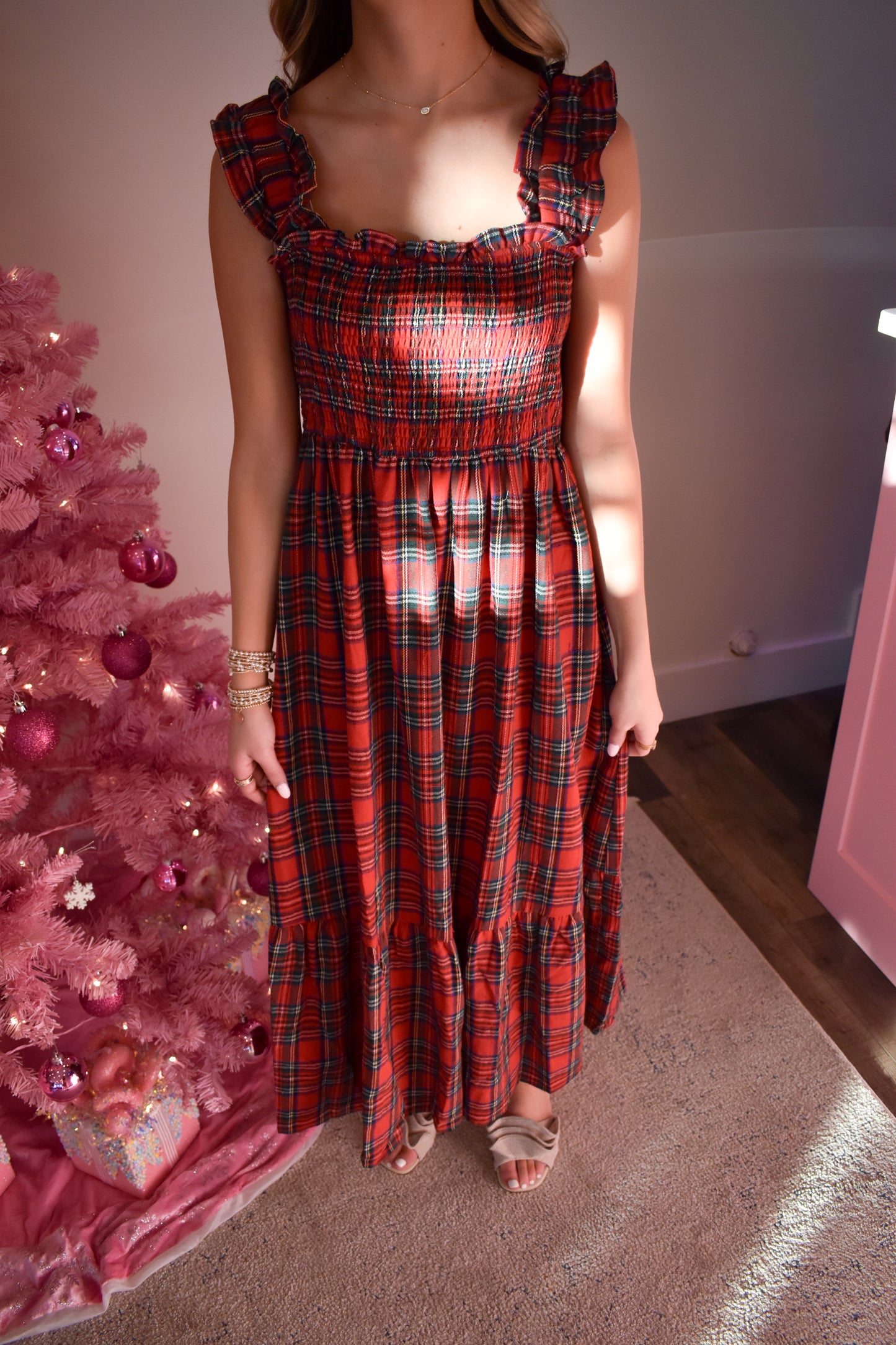 Plaid Smocked Dress W/ Ruffle Hem