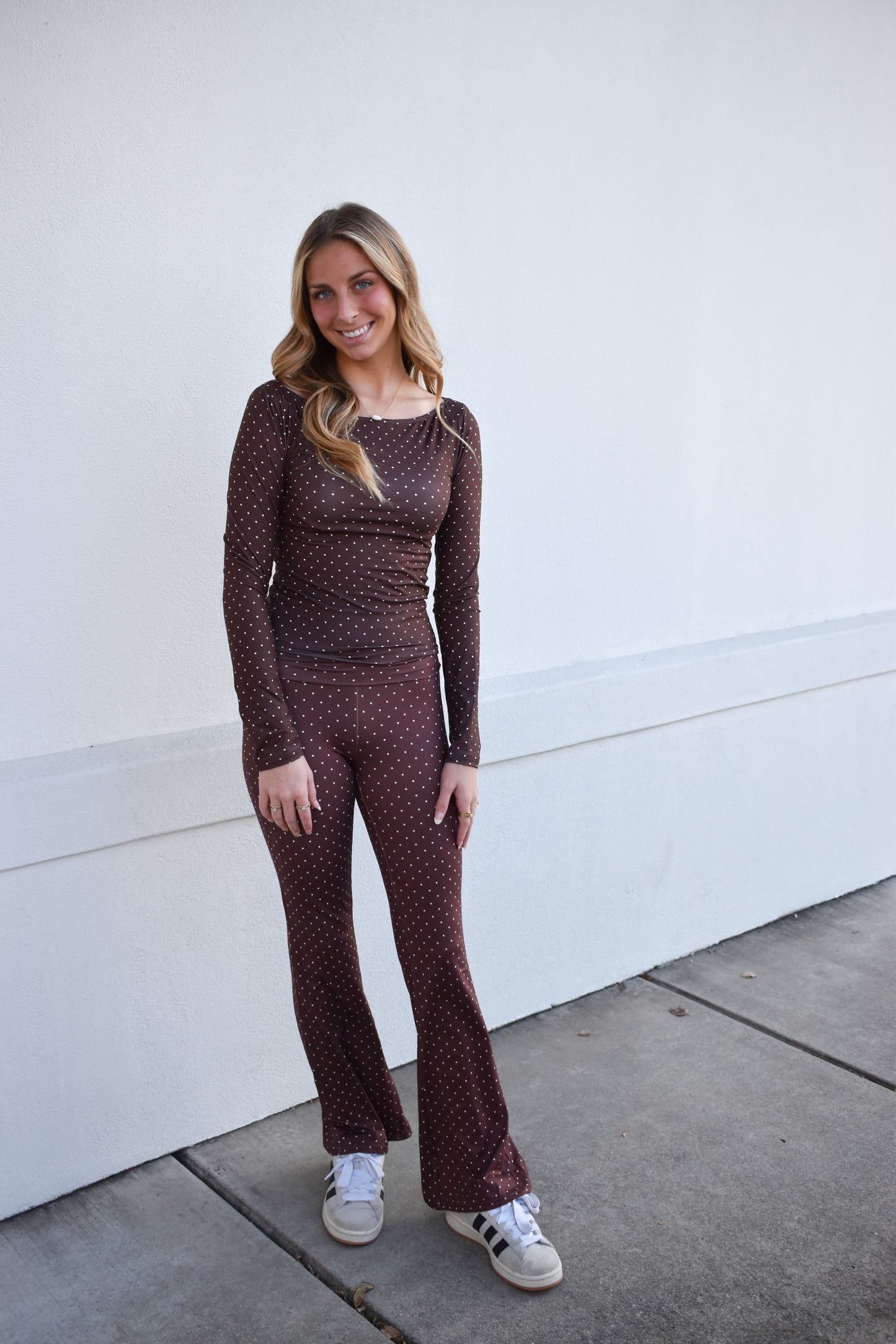 Polka Dot Print Soft Knit Off The Shoulder Top