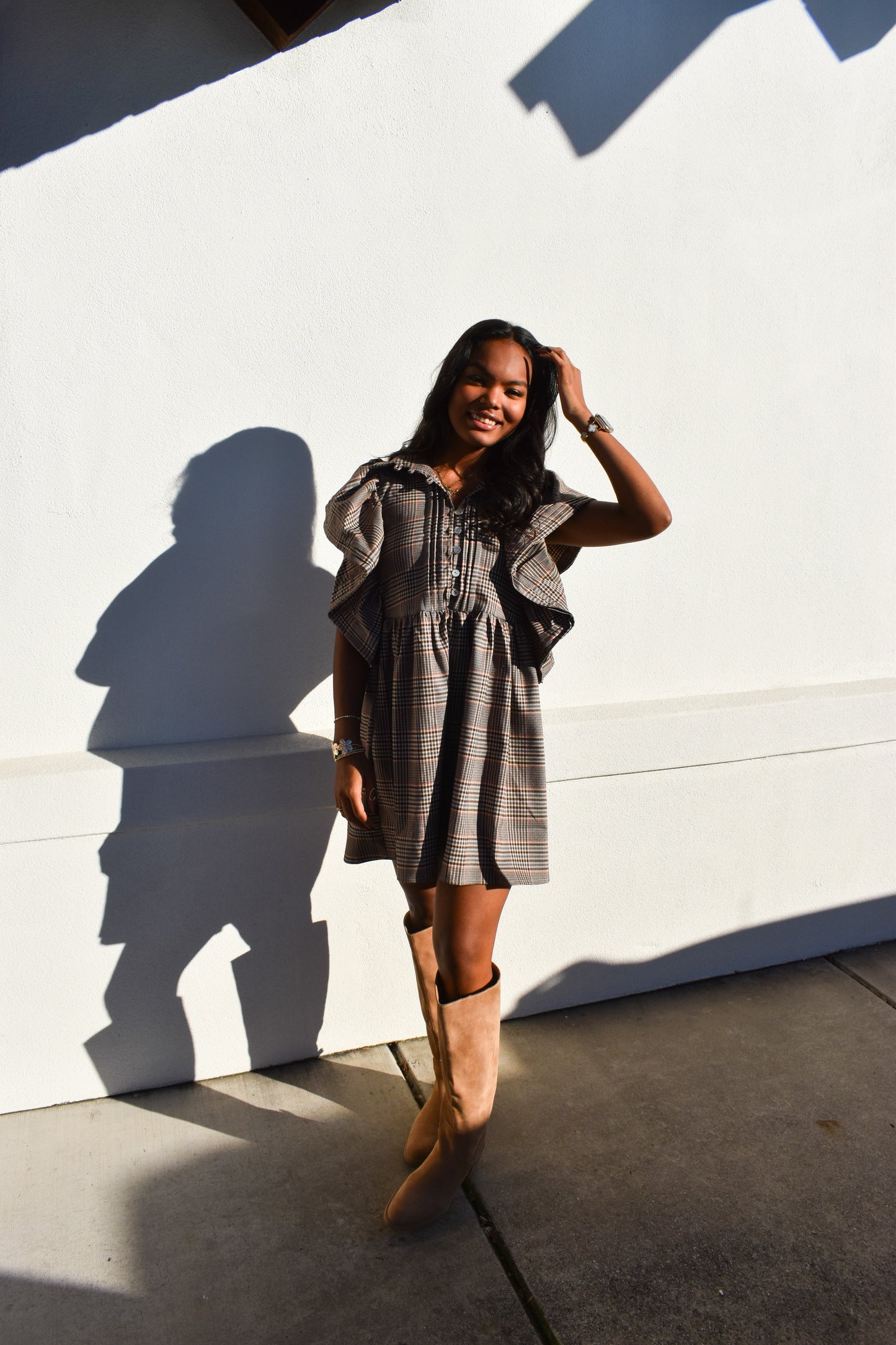 Ruffle Sleeves Pintuck Plaid Mini Dress