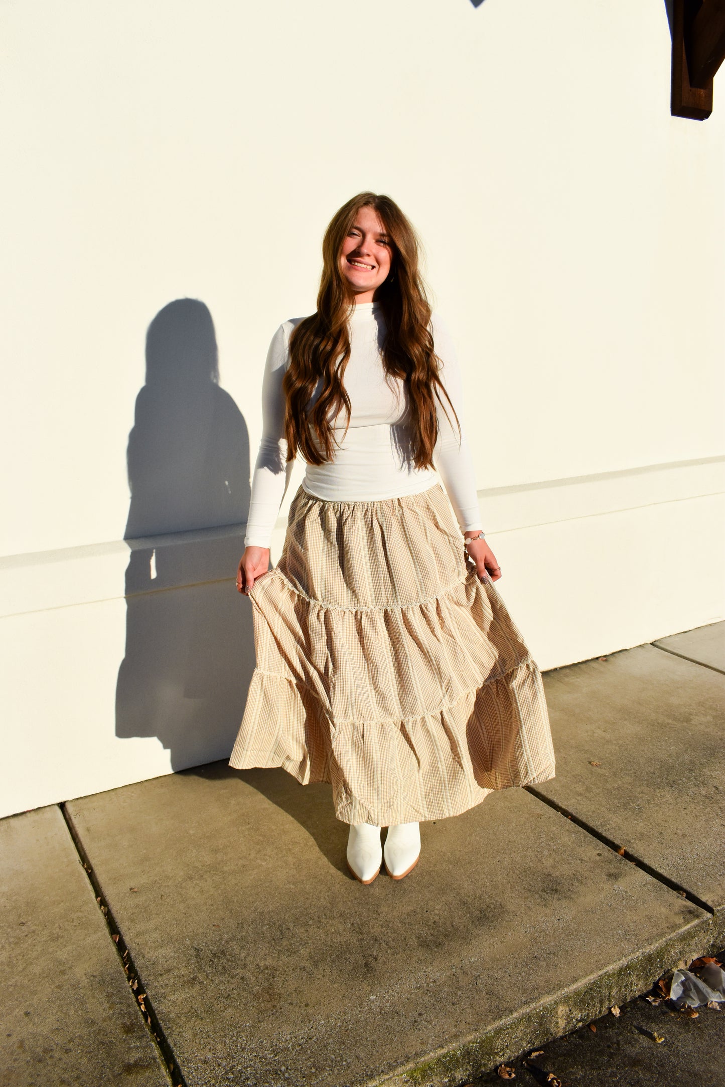 Lace Trim Gingham Maxi Skirt