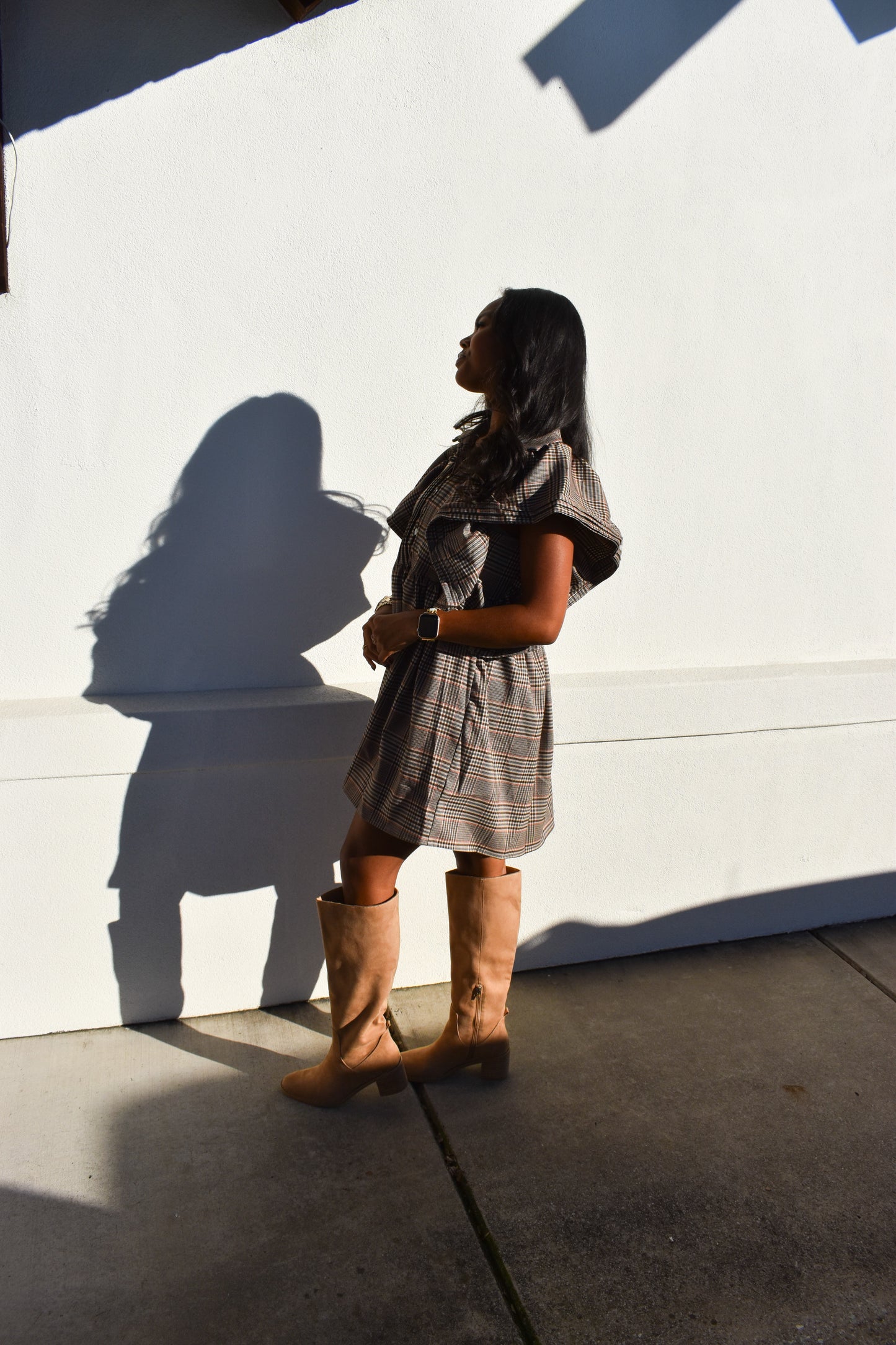 Ruffle Sleeves Pintuck Plaid Mini Dress