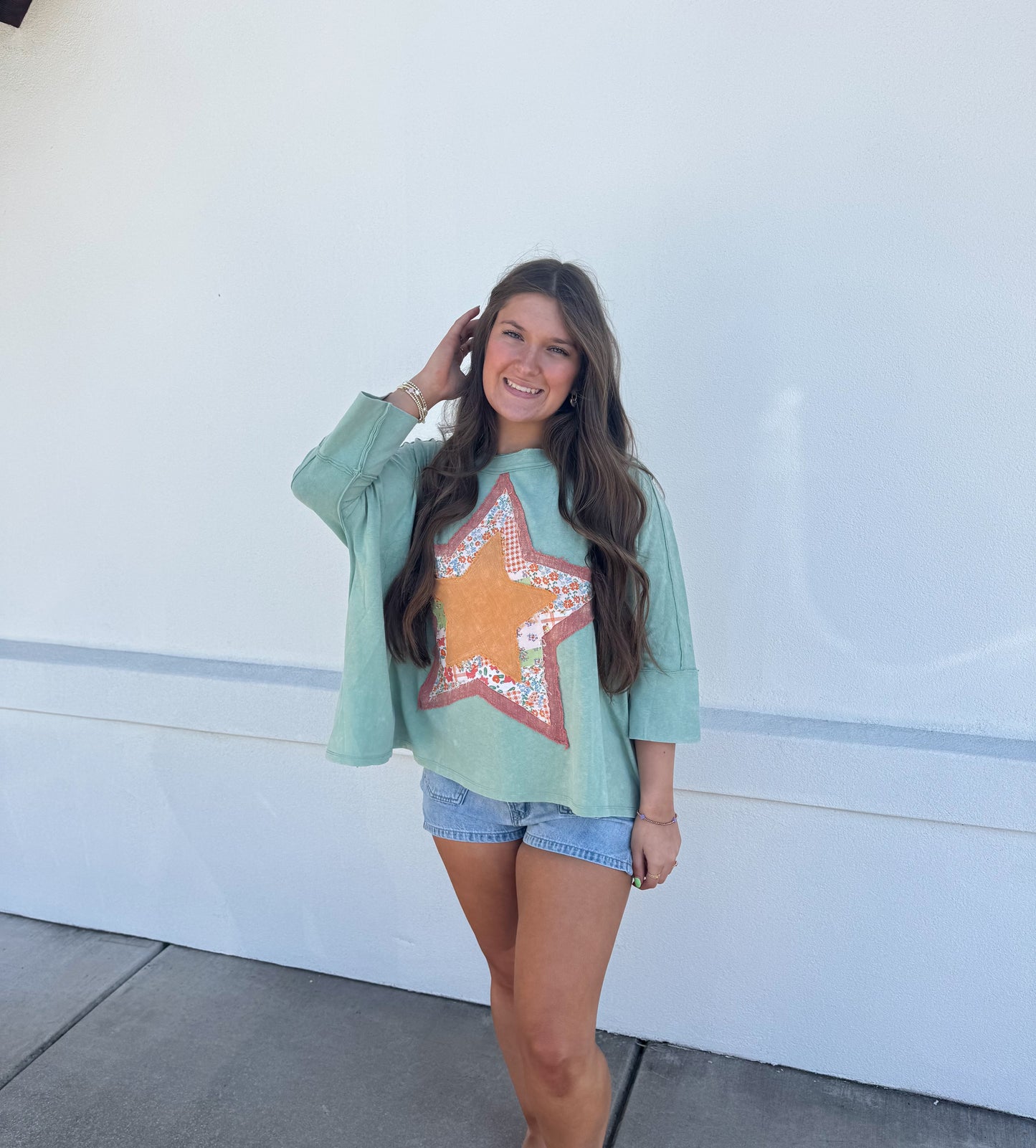 Star Patched Top-Dusty Sage