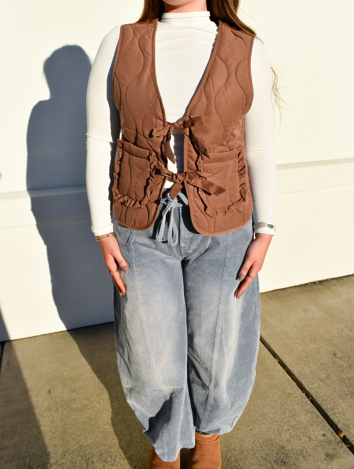 Quilted Bow Vest: Chestnut