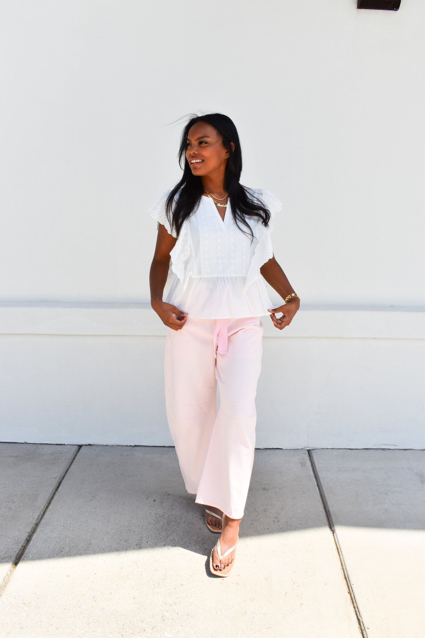Delicately Embroidered Eyelet Ruffled Cotton Poplin Blouse