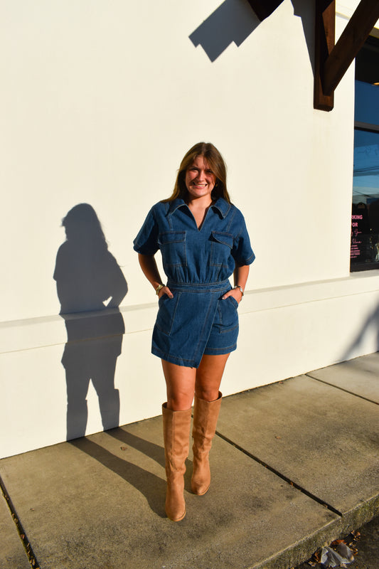 Denim Romper W/ Pockets & Wrap Detail