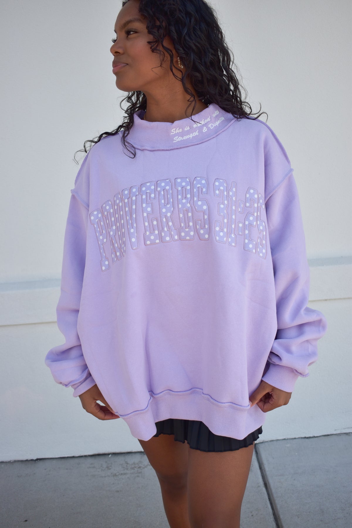 'PROVERBS 31:25' Script Collar Mockneck: Lavender