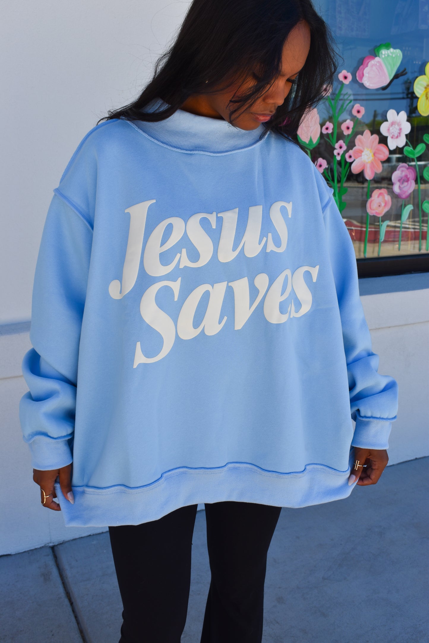 Jesus Saves Puff Letter Mockneck