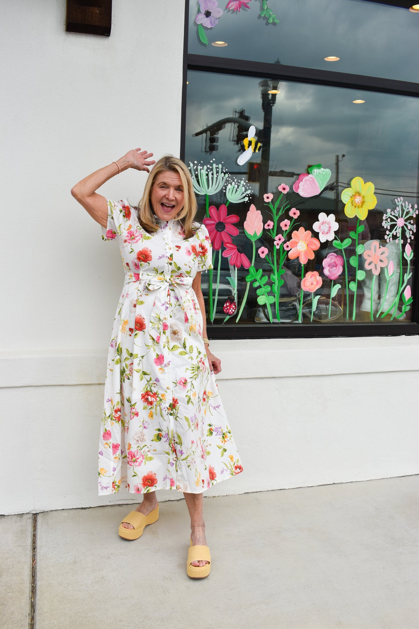 Floral Short Sleeve Belted Midi Dress