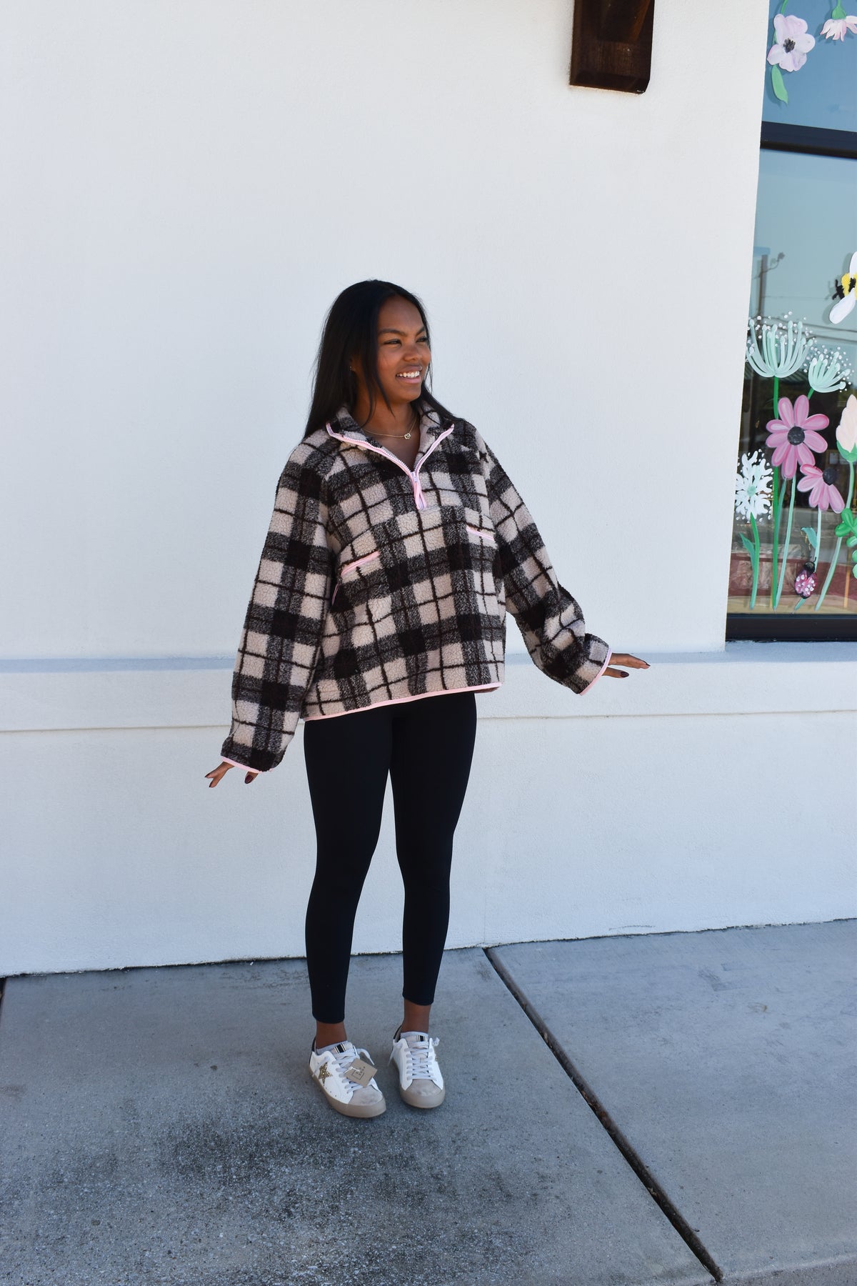Plaid Sherpa Half-Zip W/ Pink Detail