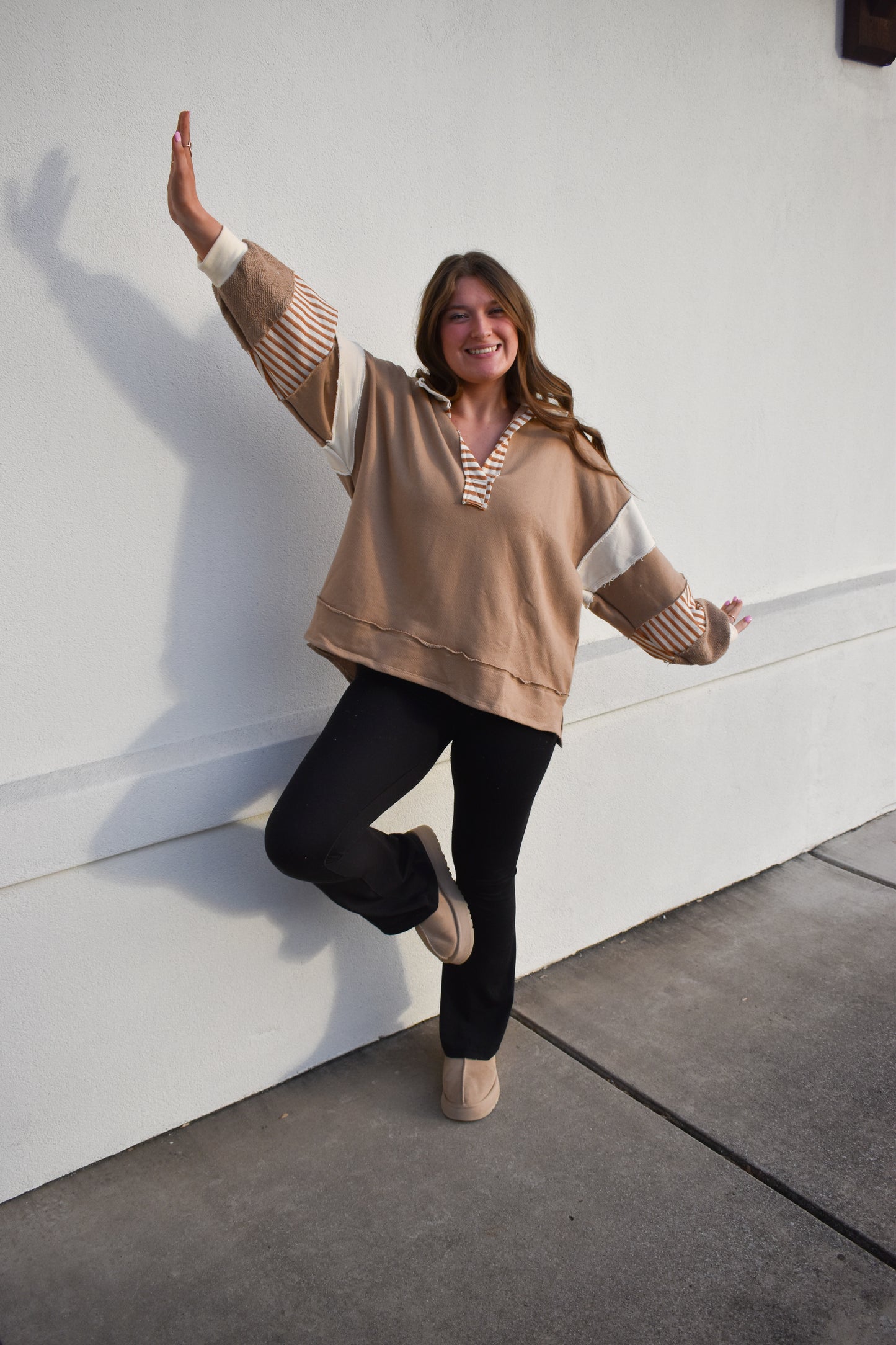 Terry Knit Collared Top: Brown/Cream