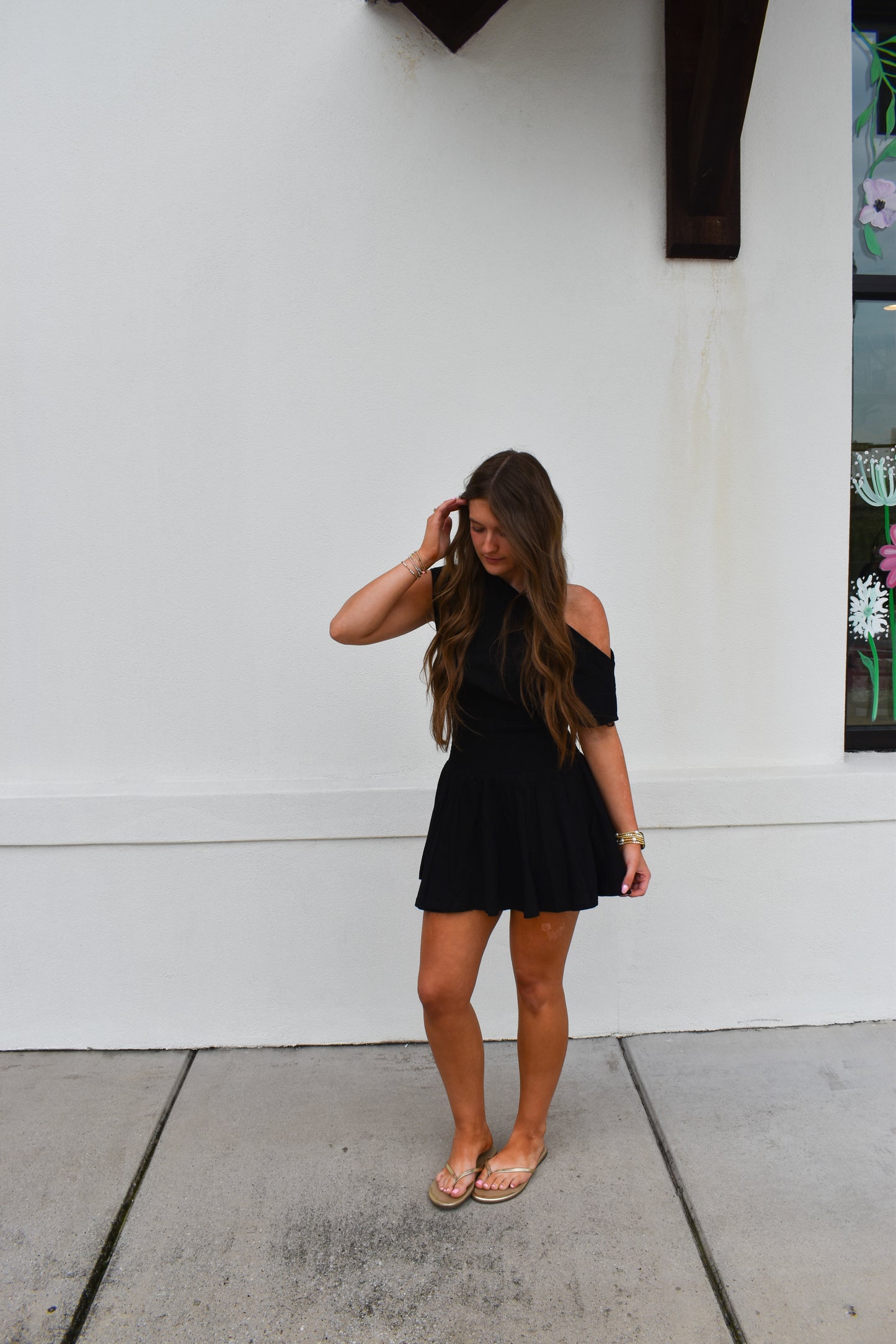 Off Shoulder Smocked Waist Dress: Black