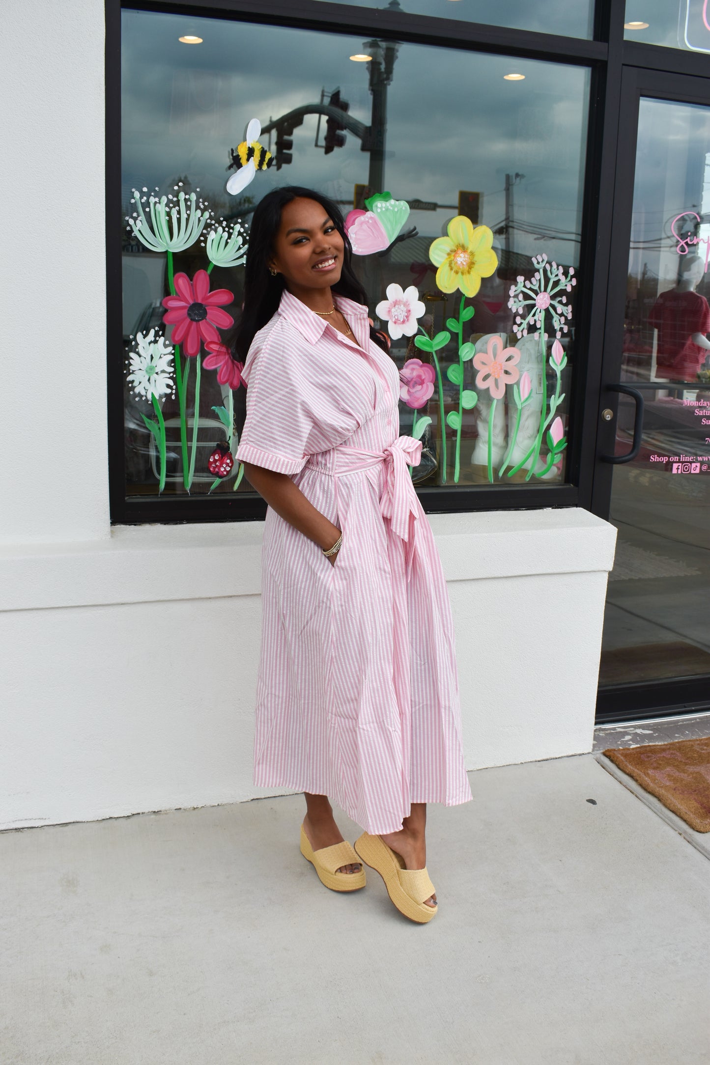 Seer Sucker Striped W/ Bow Tie Maxi Dress
