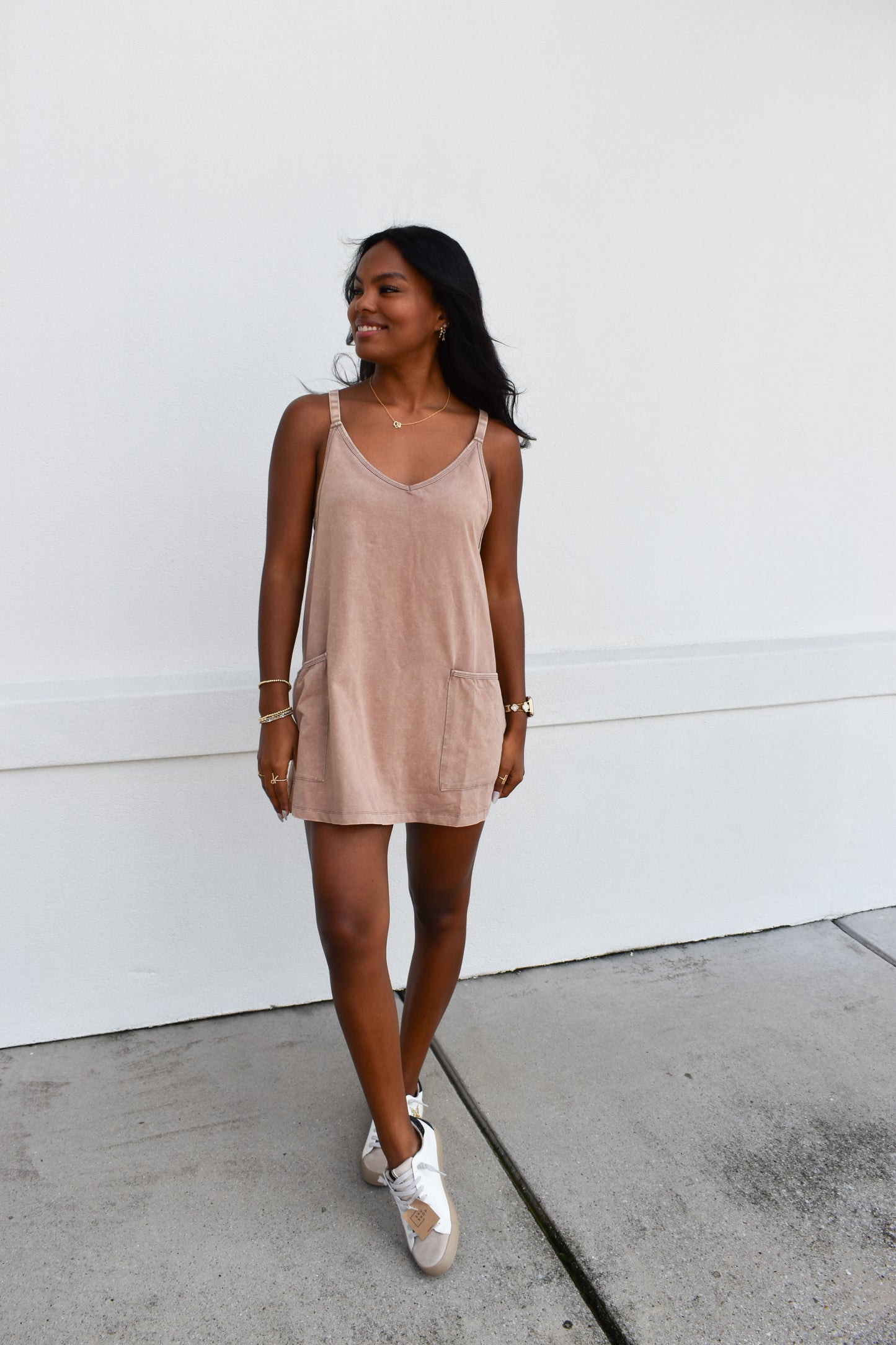 Mini Dress W/ Built in Romper Lining: Brown